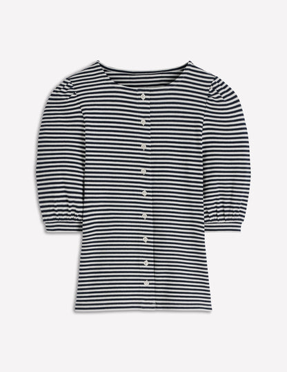 Evie Ribbed Puff Sleeve Top-Ivory, Navy Stripe-4