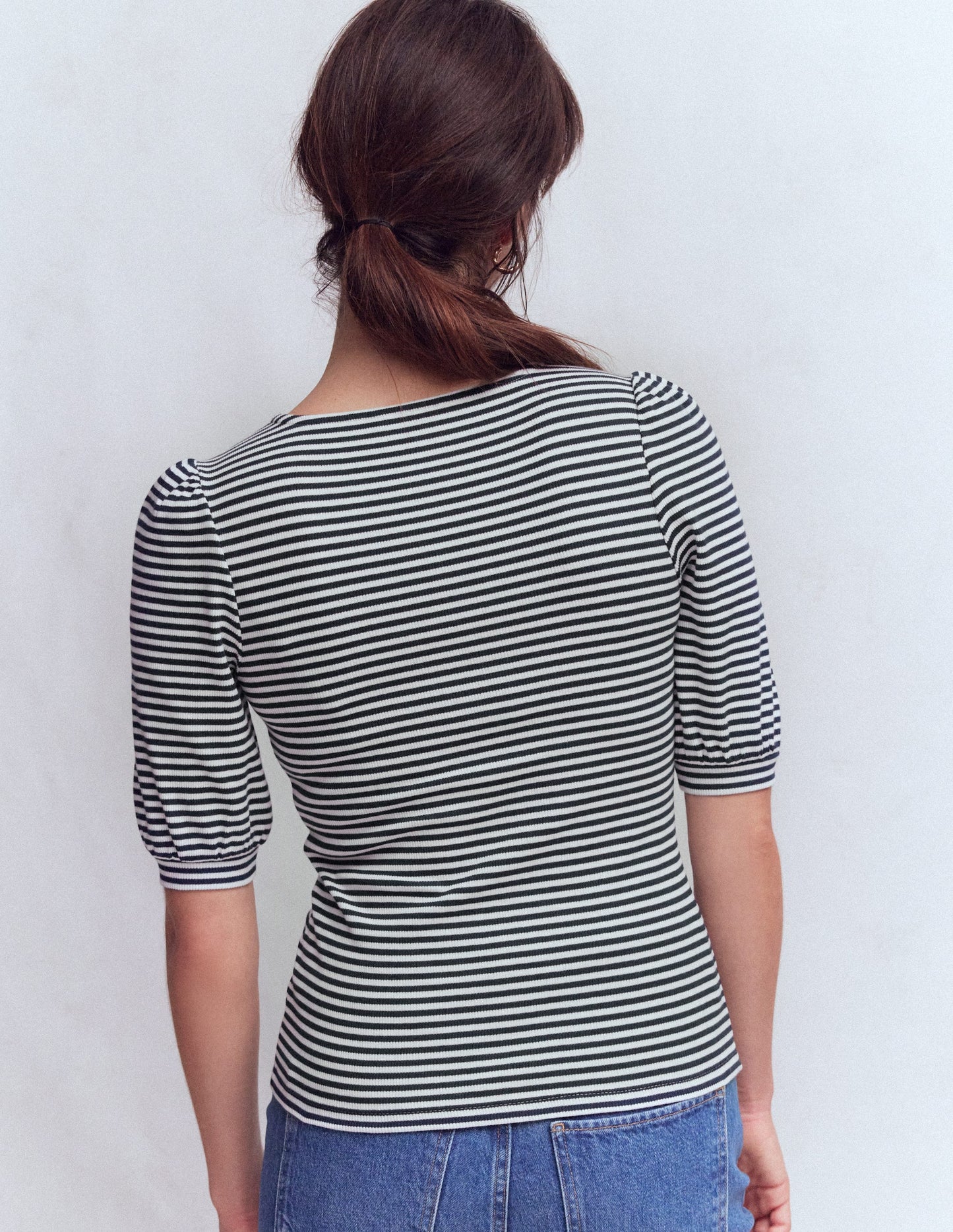 Evie Ribbed Puff Sleeve Top-Ivory, Navy Stripe