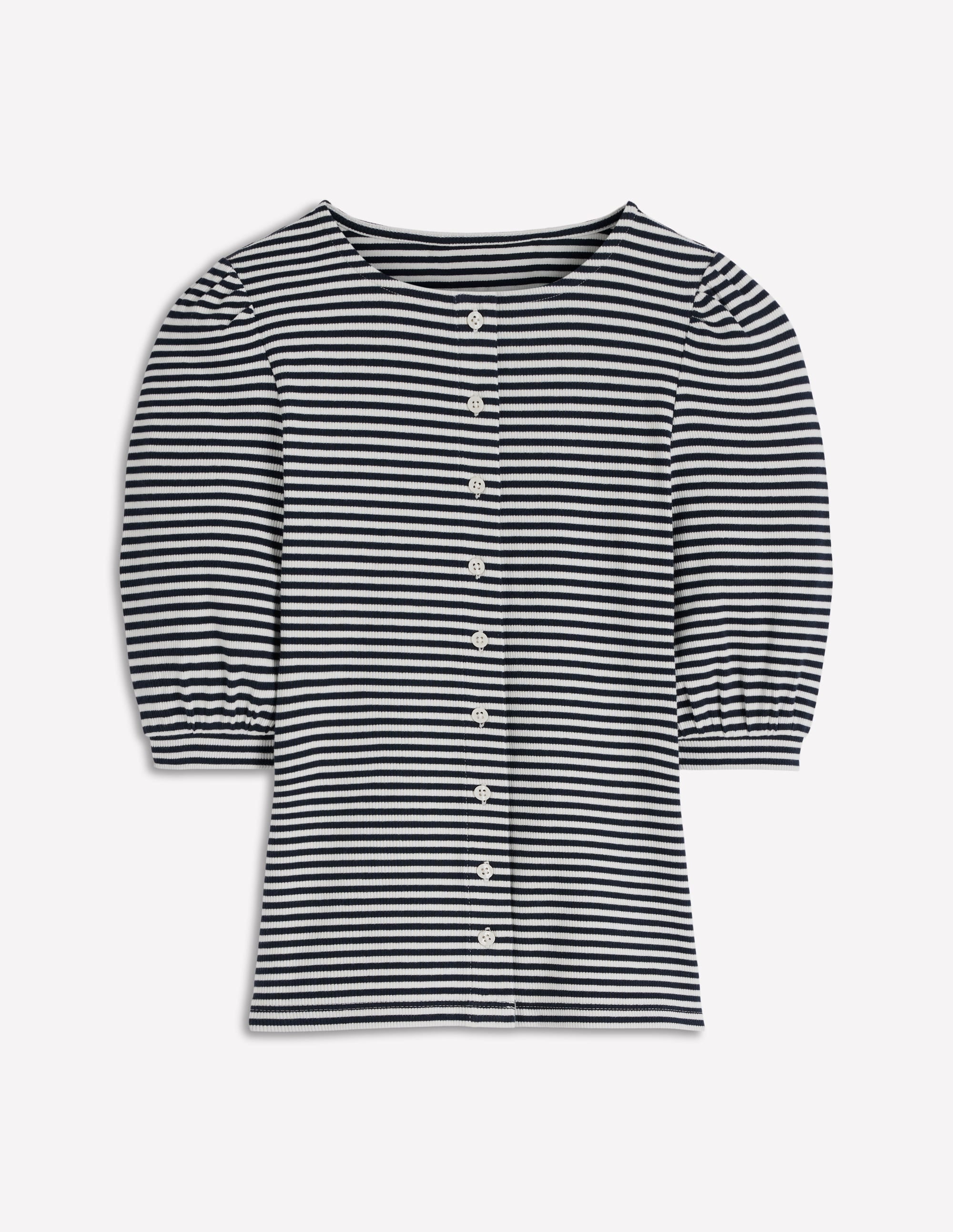 Evie Geripptes Oberteil mit Puffärmeln-Naturweiß/Navy, Gestreift - Image 4