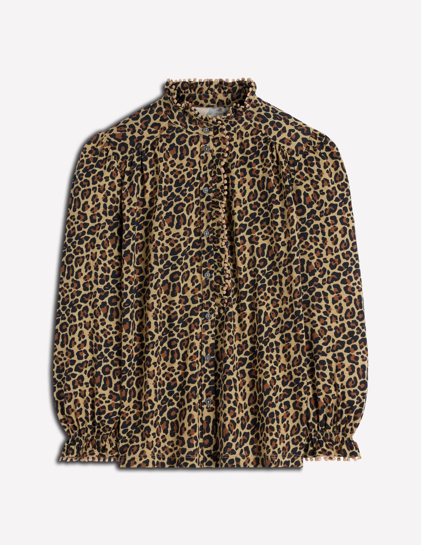 Emily Pom Detail Ruffle Shirt-Camel, Cheetah Pop