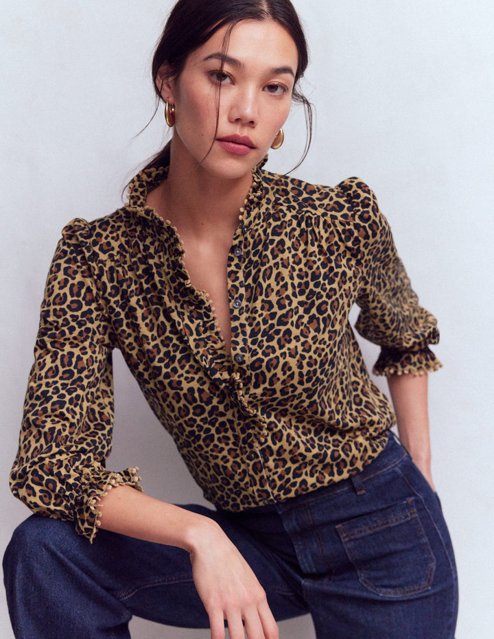 Chemise Emily à volants et pompons-Camel, Motif Cheetah Pop