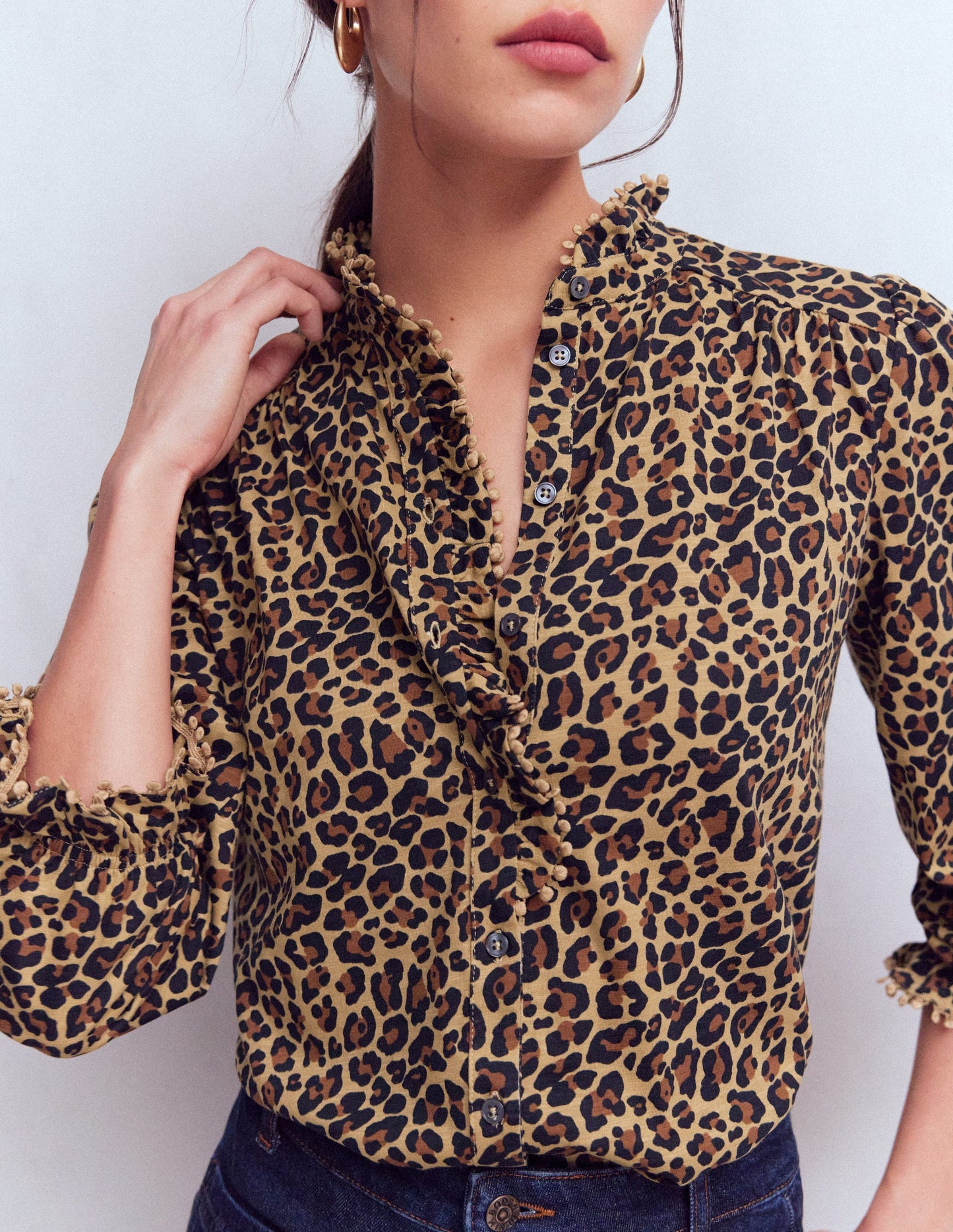 Emily Pom Detail Ruffle Shirt-Camel, Cheetah Pop
