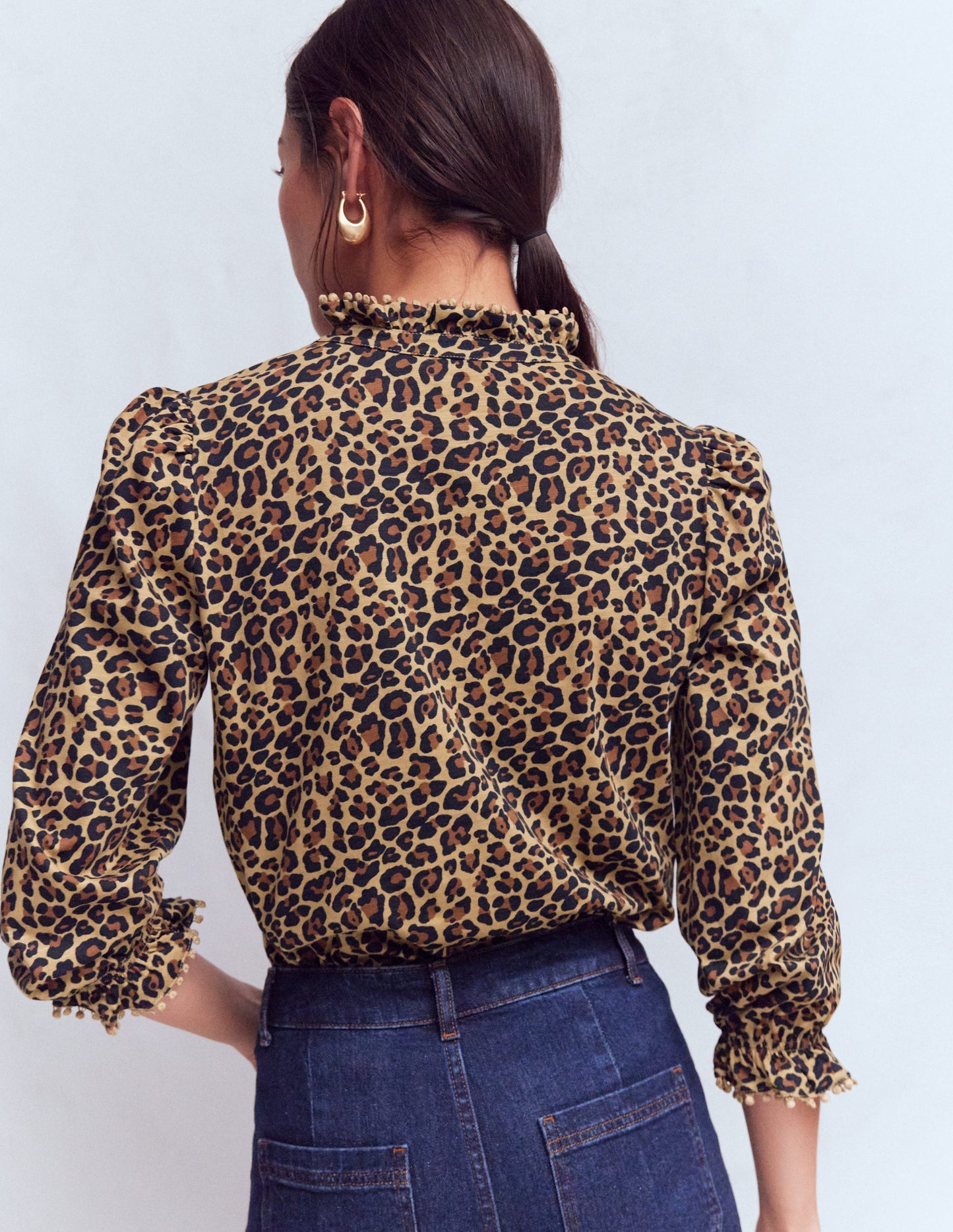 Emily Pom Detail Ruffle Shirt-Camel, Cheetah Pop