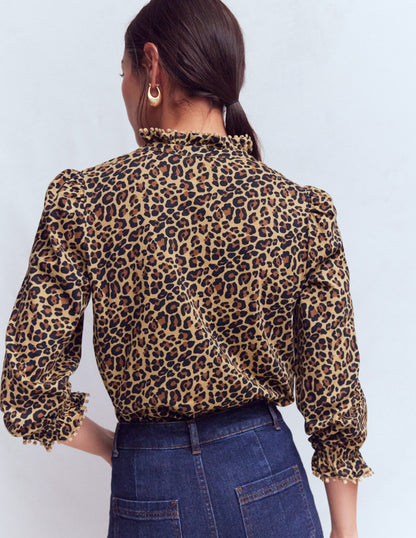 Emily Pom Detail Ruffle Shirt-Camel, Cheetah Pop-3