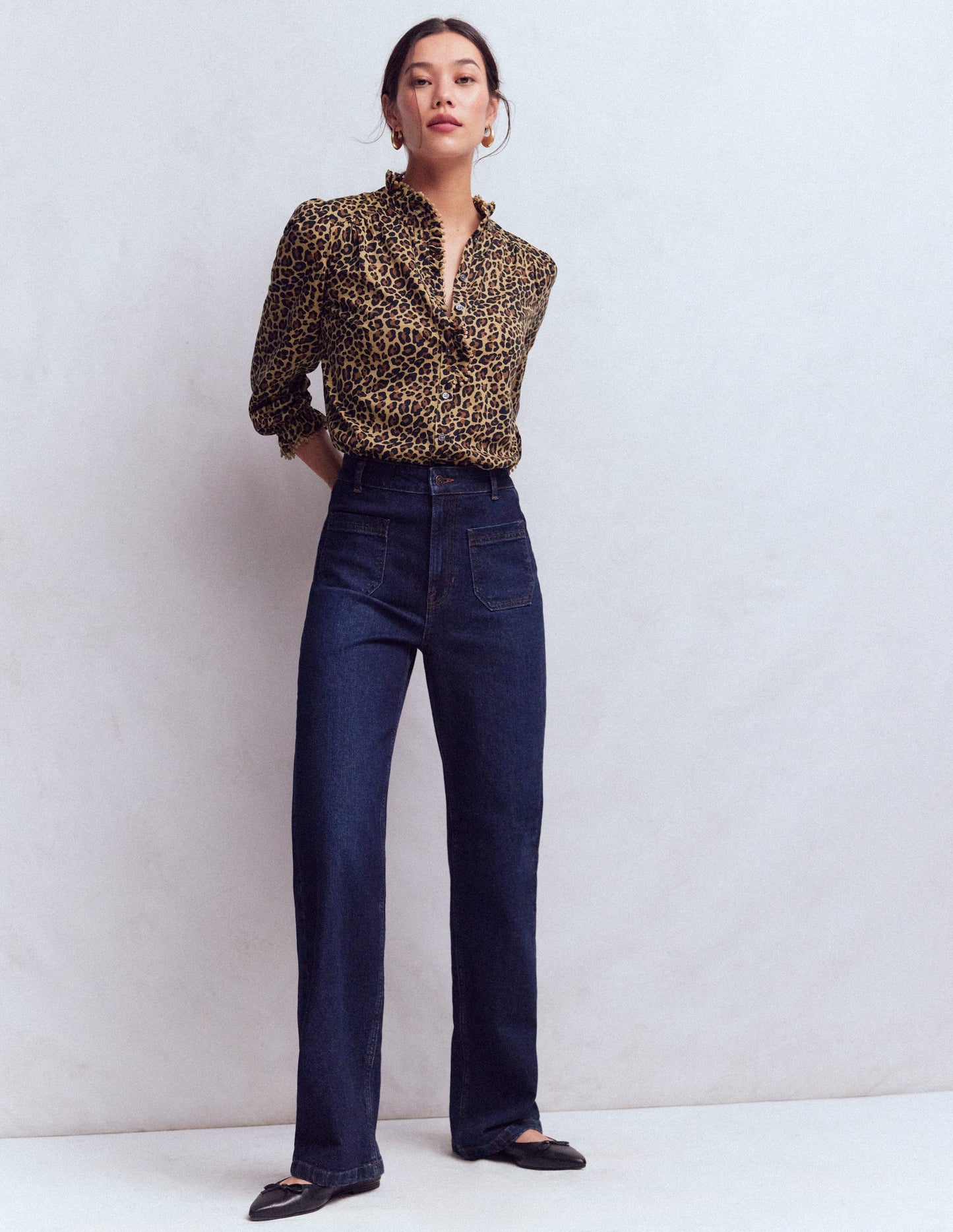 Emily Pom Detail Ruffle Shirt-Camel, Cheetah Pop