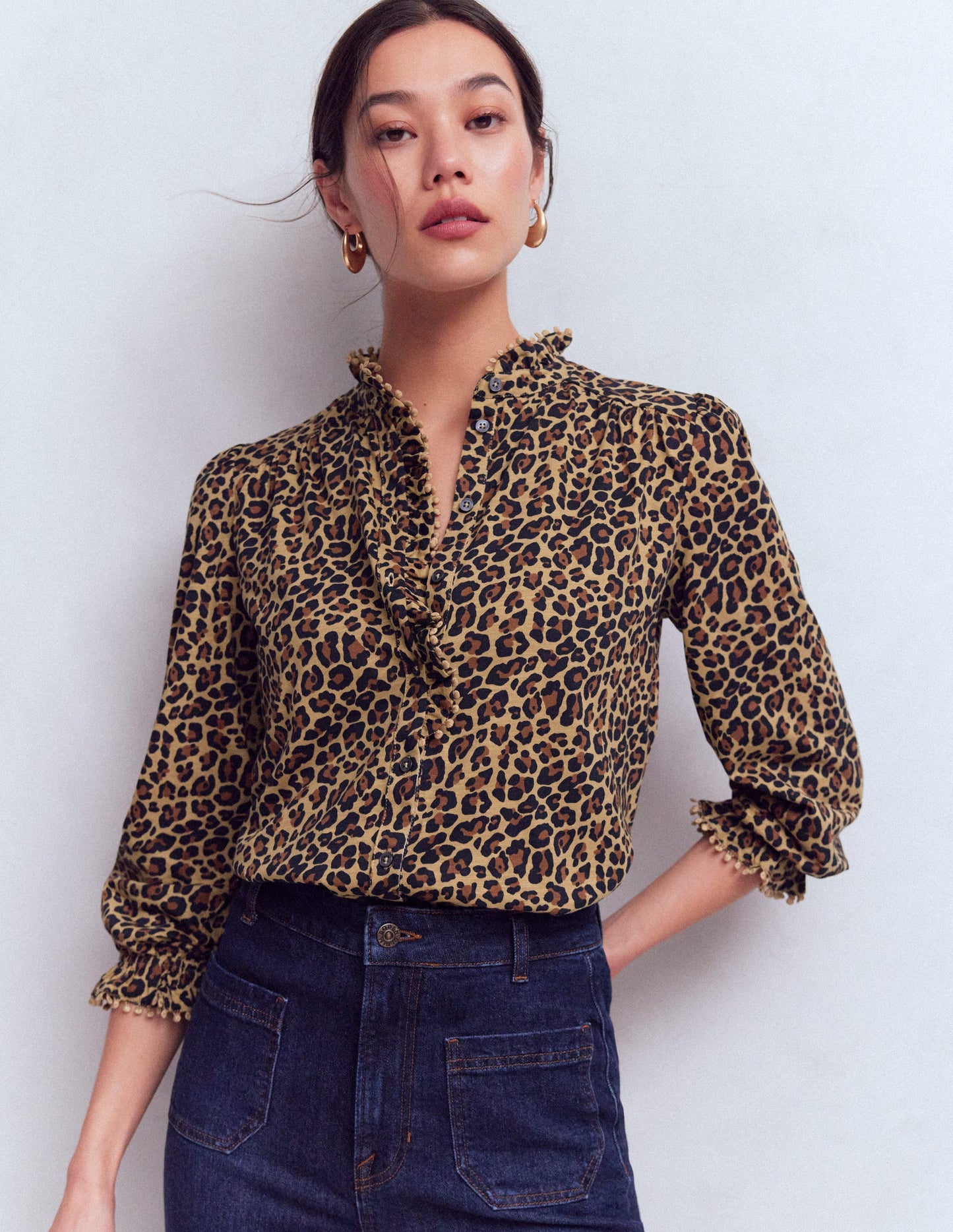 Emily Pom Detail Ruffle Shirt-Camel, Cheetah Pop