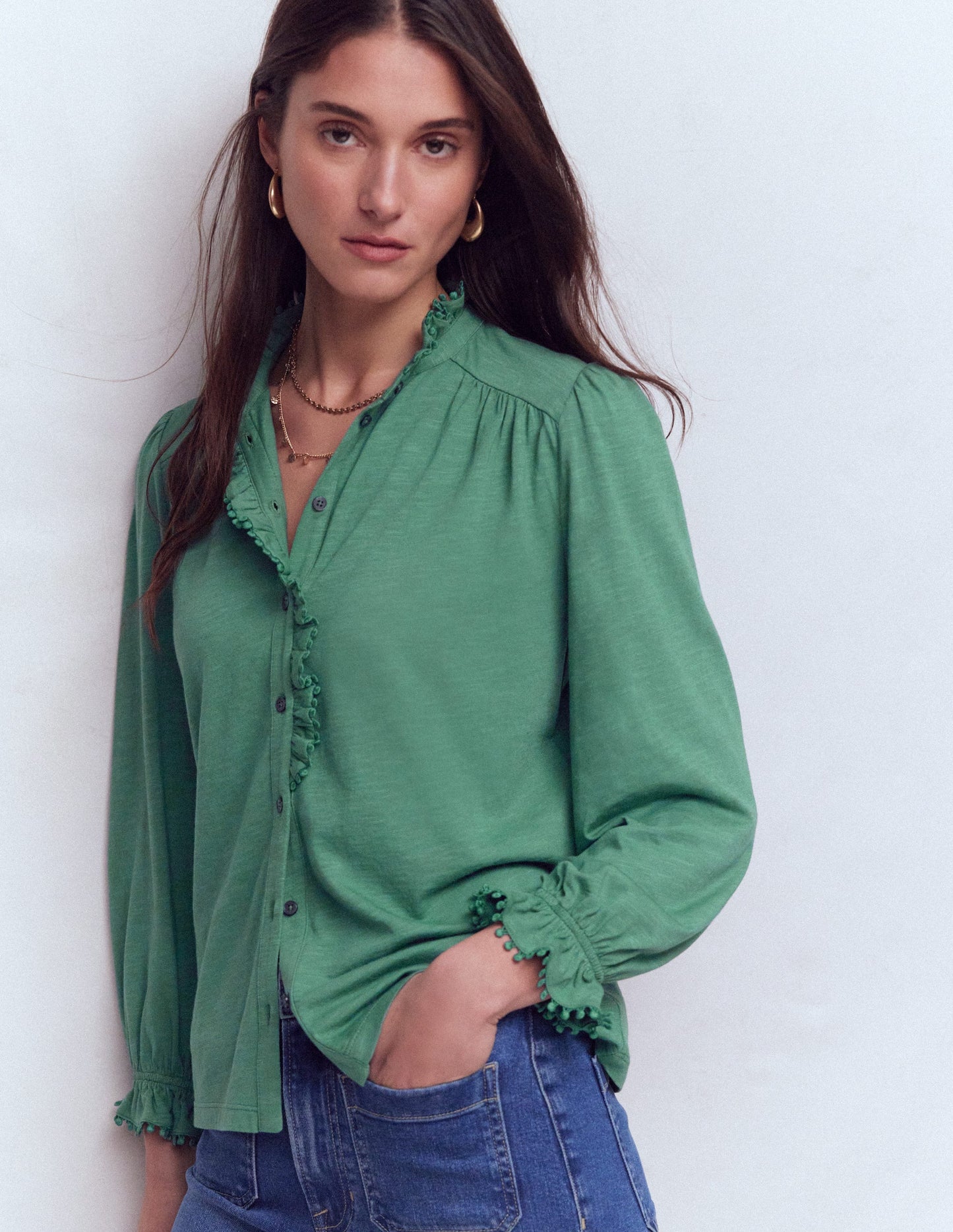 Chemise Emily à volants et pompons-Jungle profond