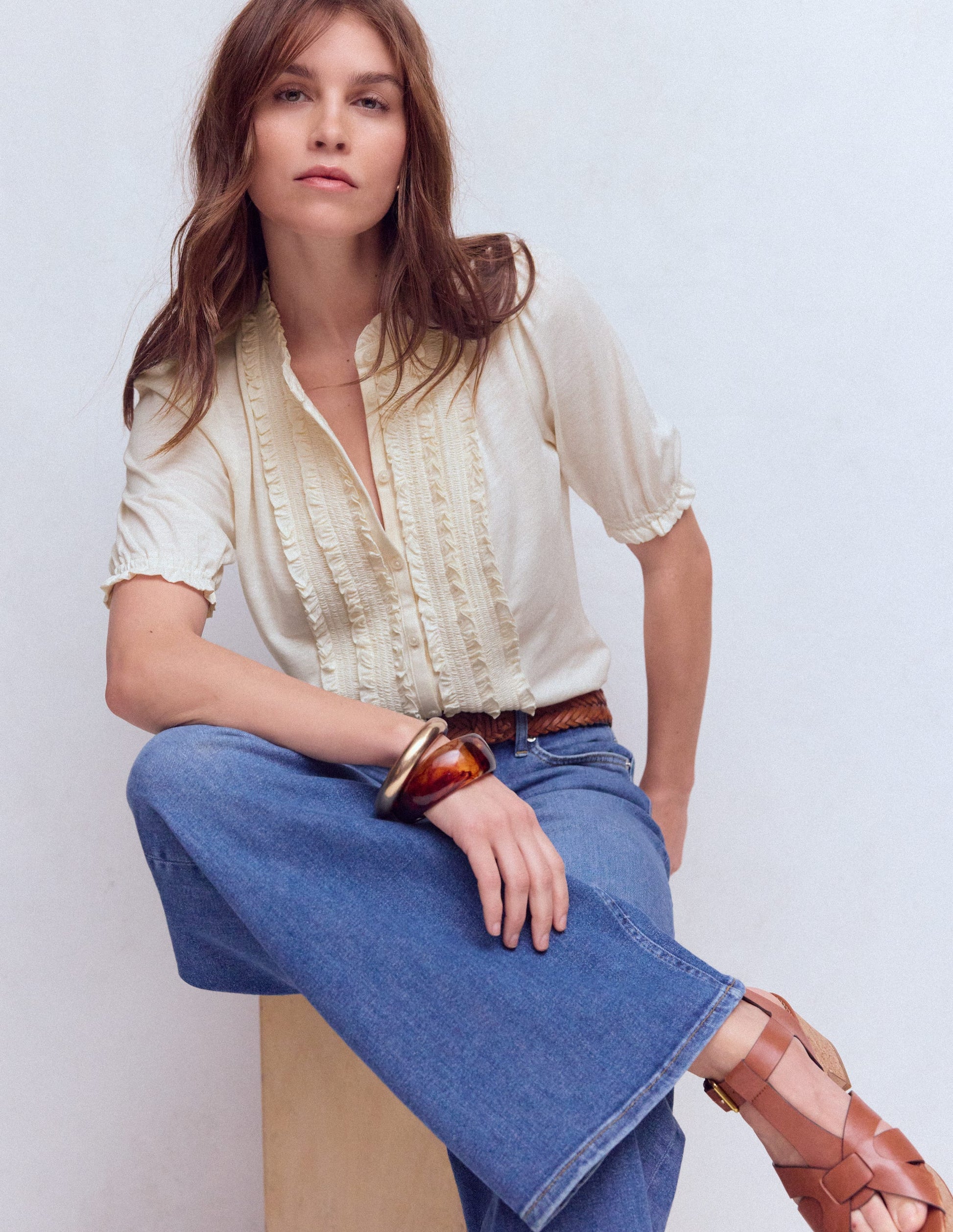 Eda Ruffle Front Shirt-Ivory-1