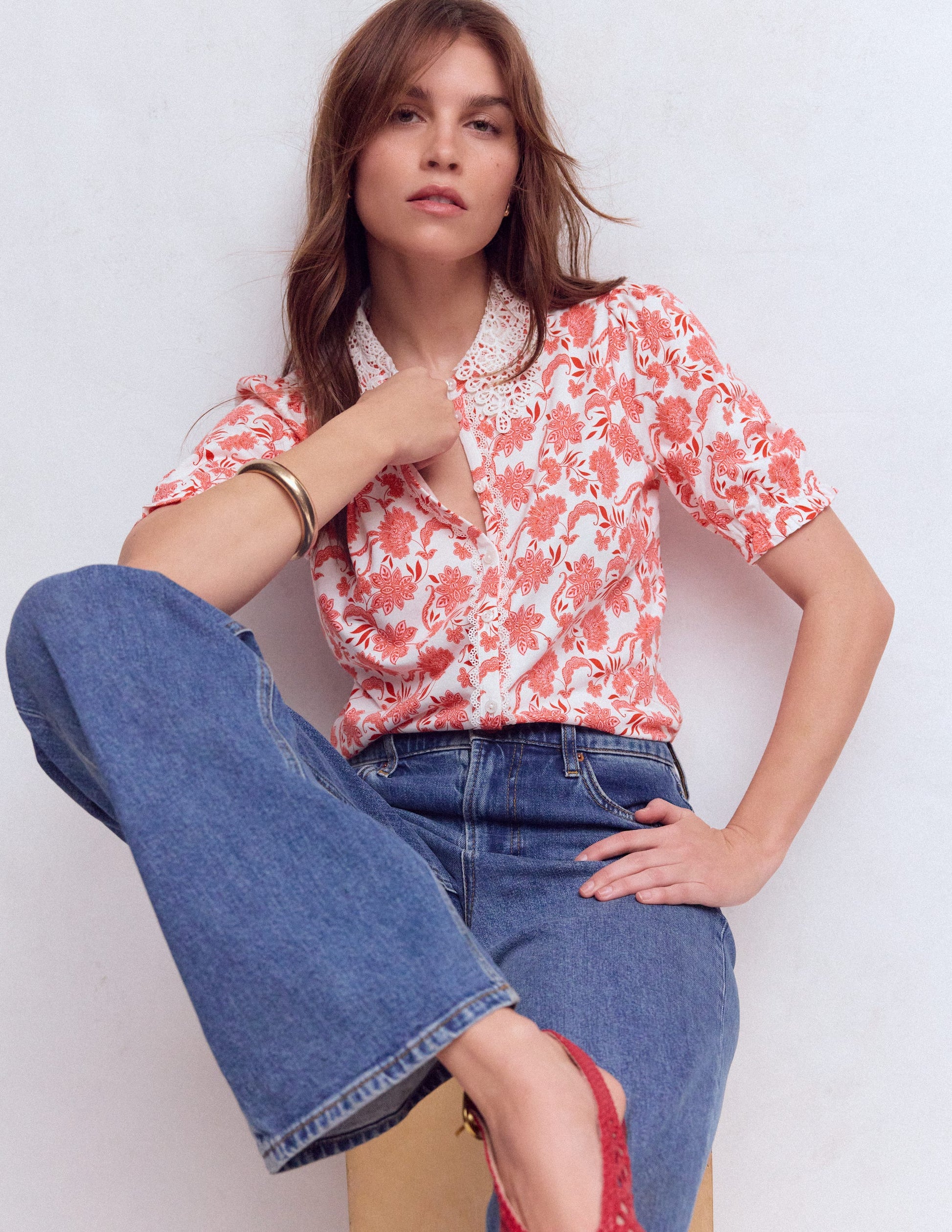 Nessa Bluse mit Lochstickerei am Kragen-Pink Geblümt-1