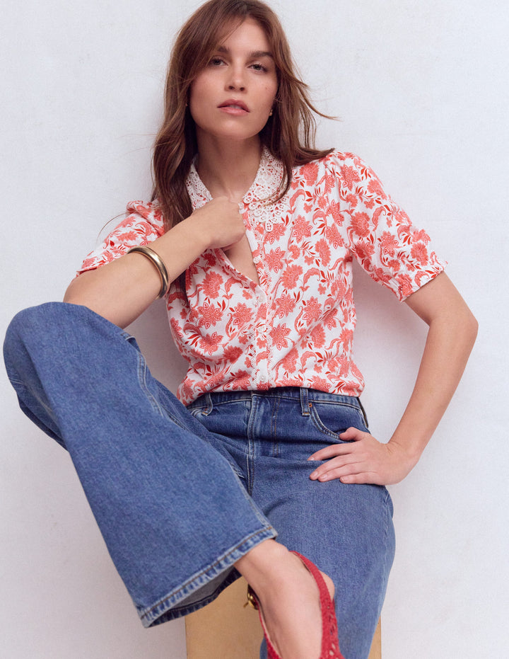 Blouse Nessa à col broderie anglaise-Motif floral rose