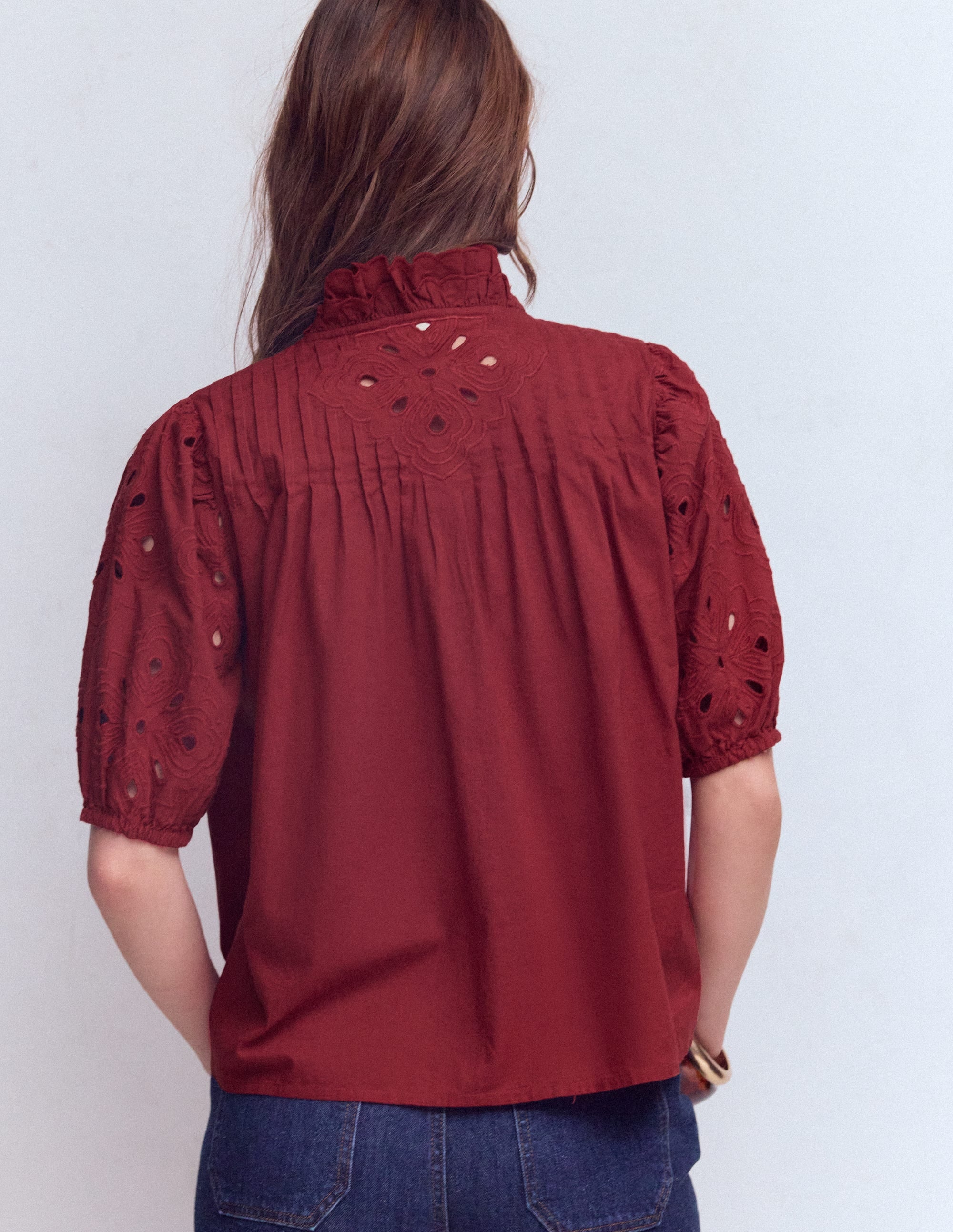 Oberteil mit Cutwork und Puffärmeln-Rotbraun - Image 3