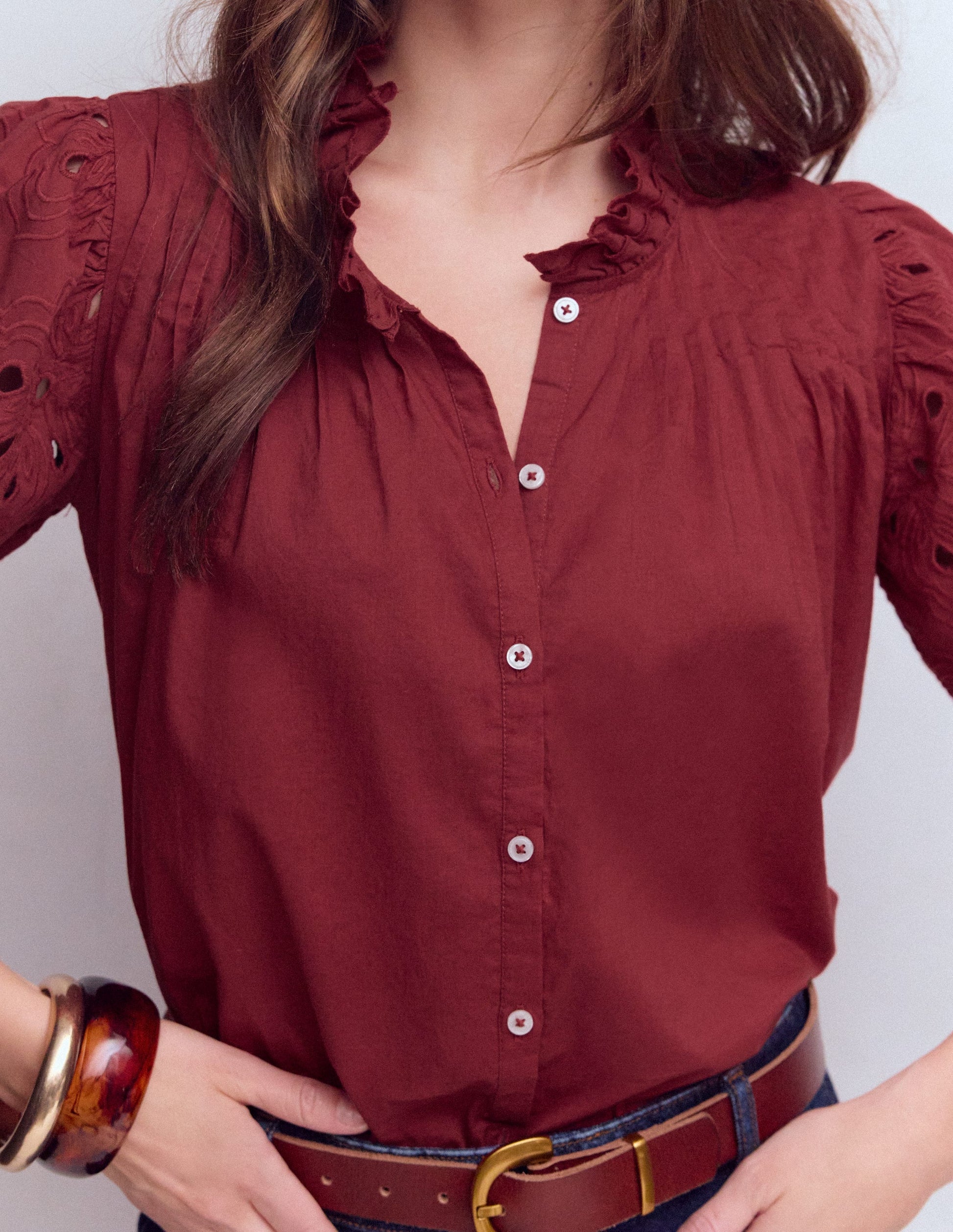 Cutwork Puff Sleeve Top-Russet-4