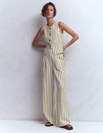 Leinenweste mit tiefem Rundhalsausschnitt-Olivgrün, Naturweiß Streifen-3