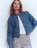 Veste en jean avec surpiqûres-Denim délavage moyen