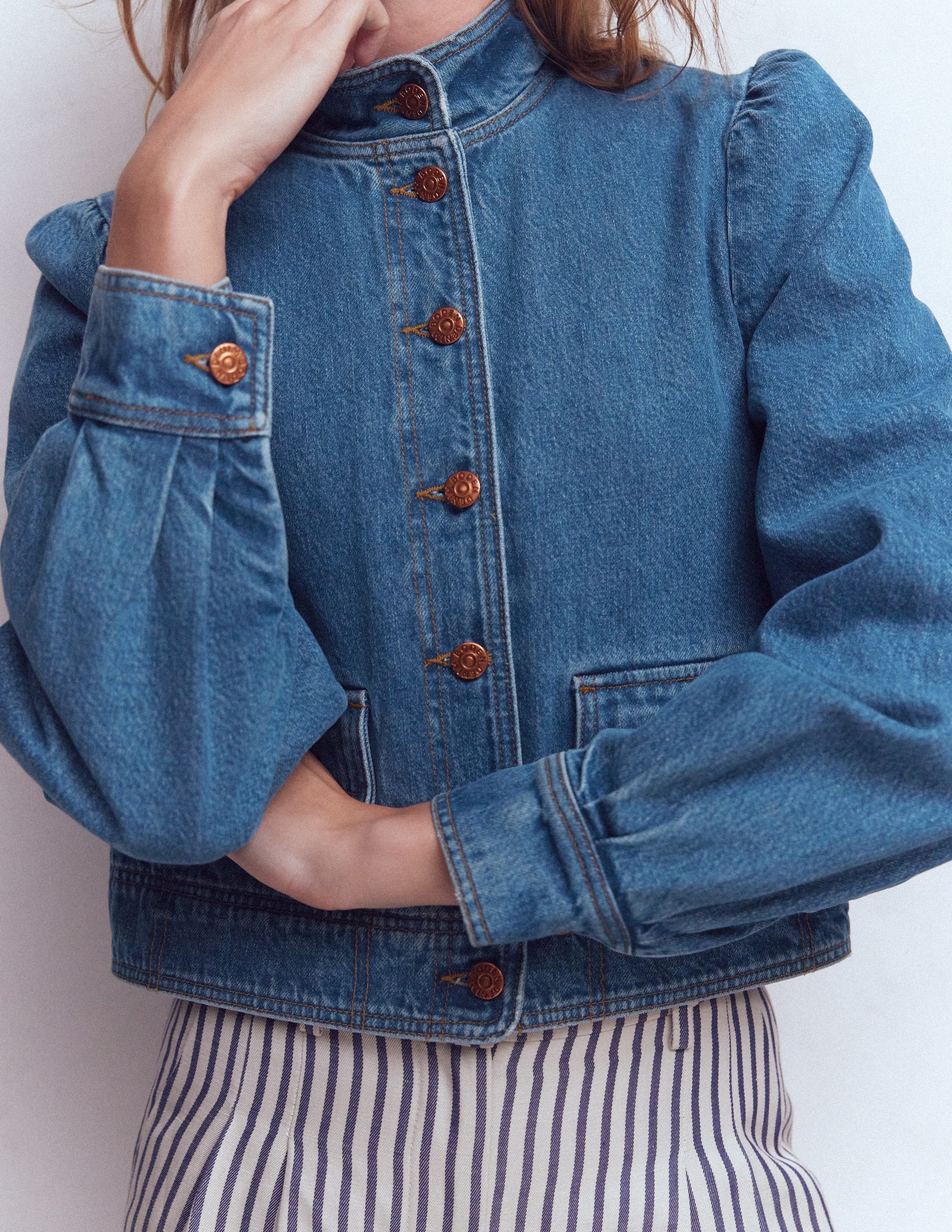 Jeansjacke mit Steppnaht-Mittlere Waschung, Denim-3