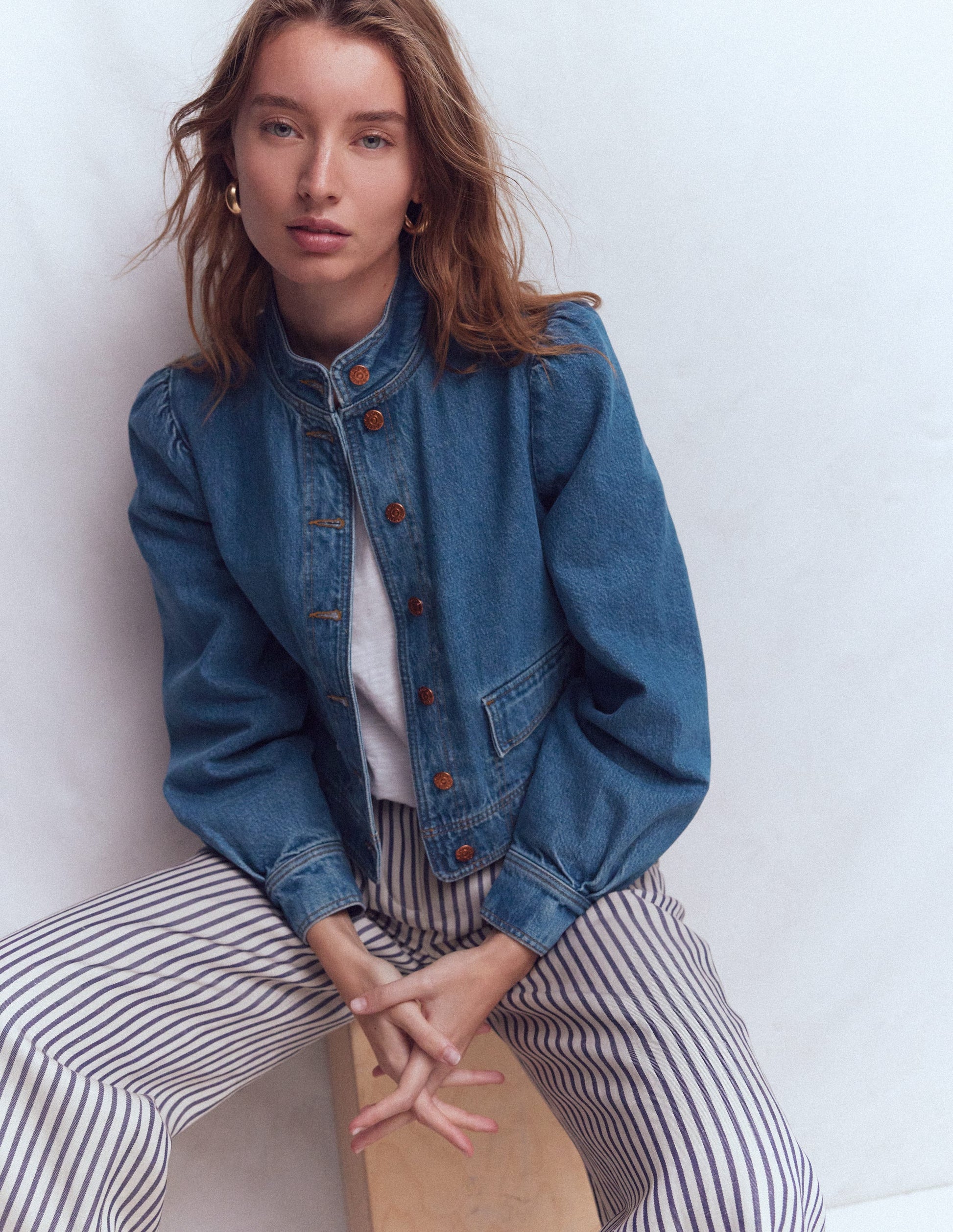 Jeansjacke mit Steppnaht-Mittlere Waschung, Denim-5