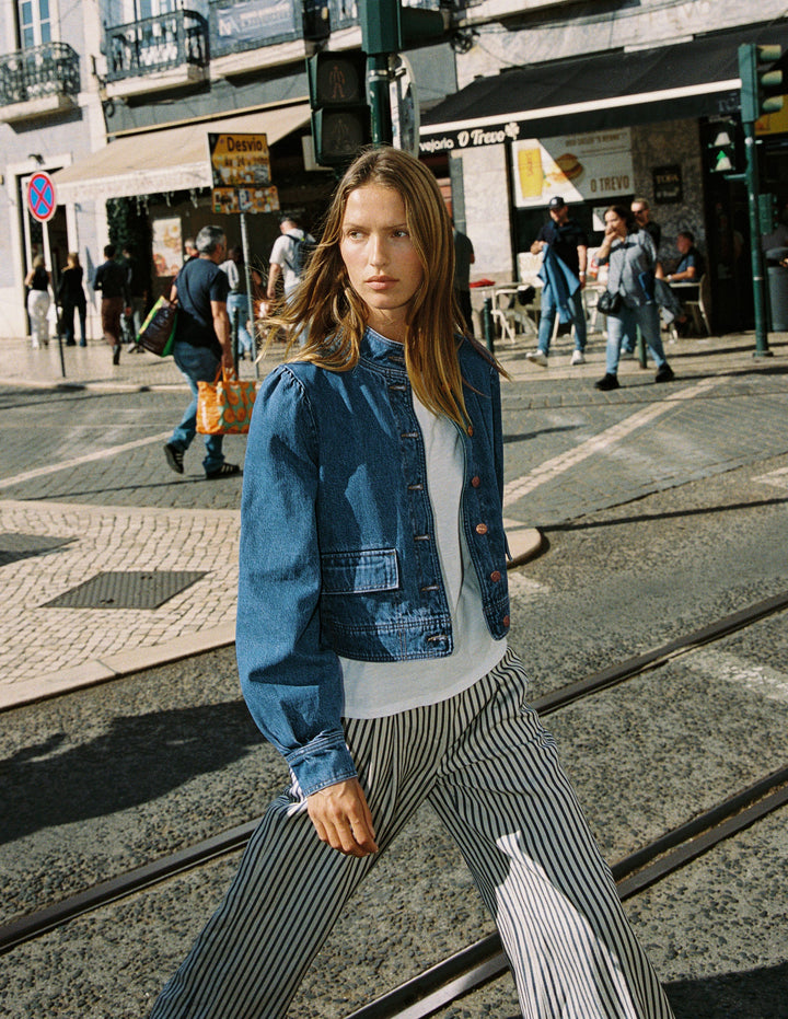 Jeansjacke mit Steppnaht-Mittlere Waschung, Denim