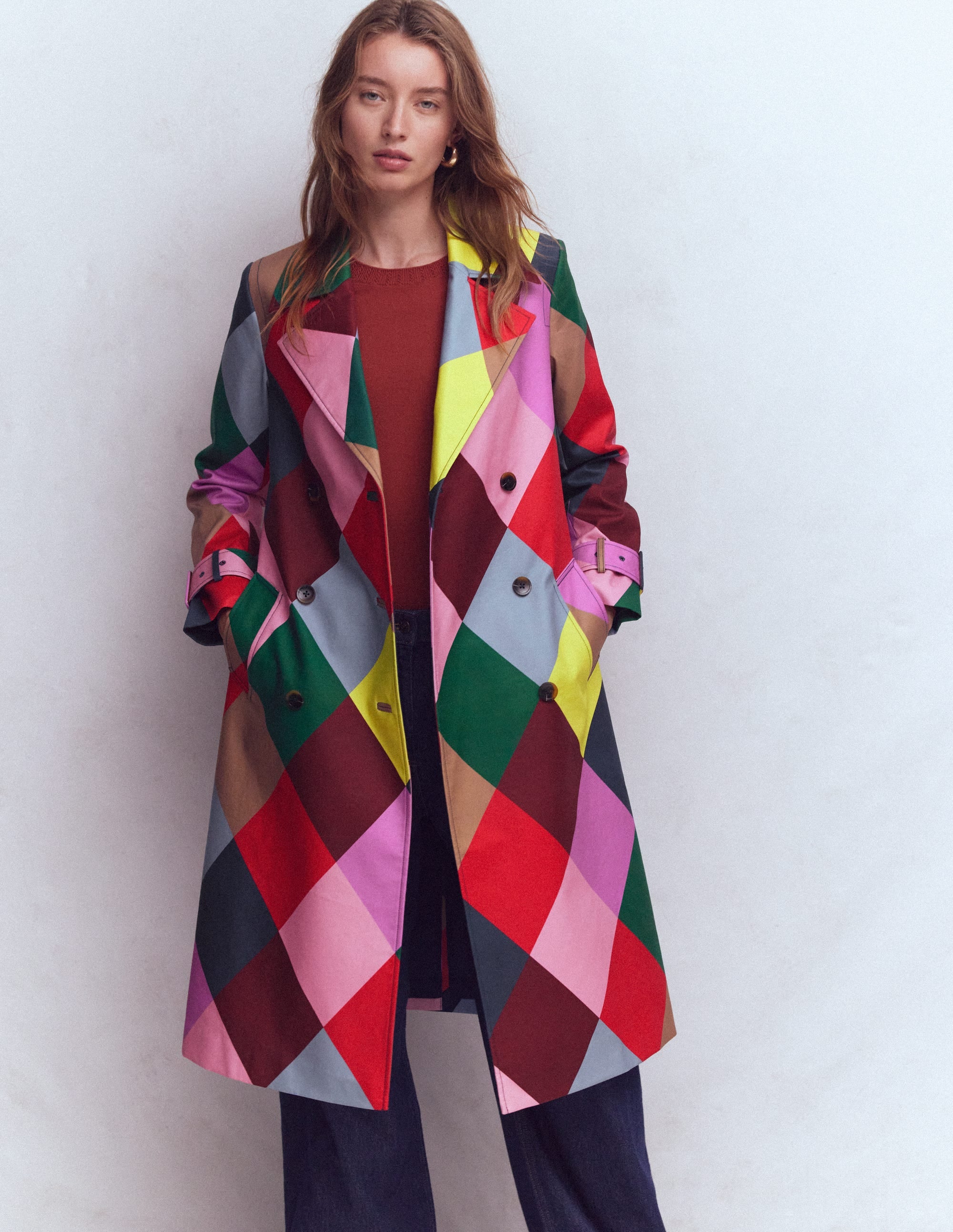 Zweireihiger Trenchcoat-Bunt Großes Harlekinmuster - Image 4