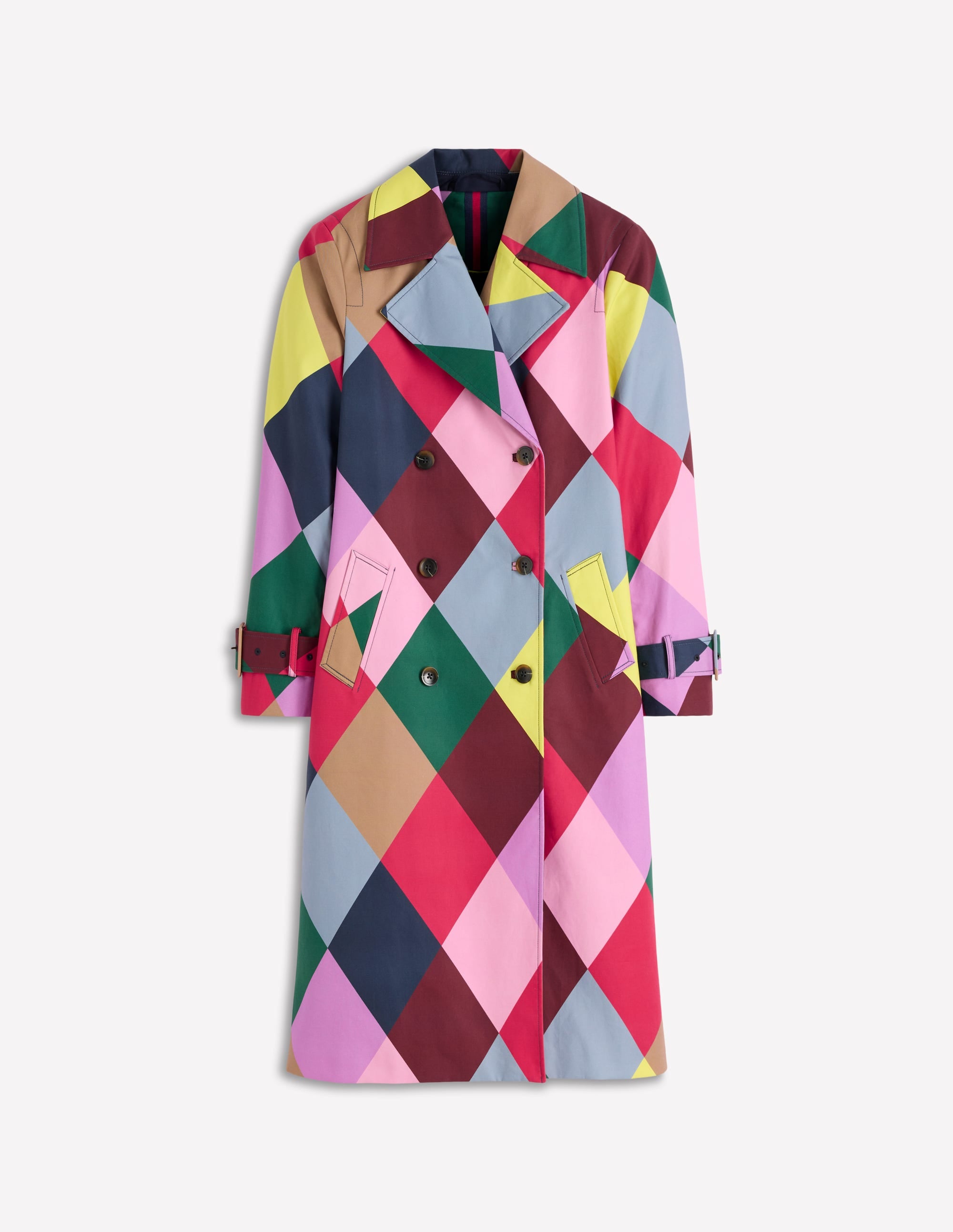 Zweireihiger Trenchcoat-Bunt Großes Harlekinmuster - Image 6
