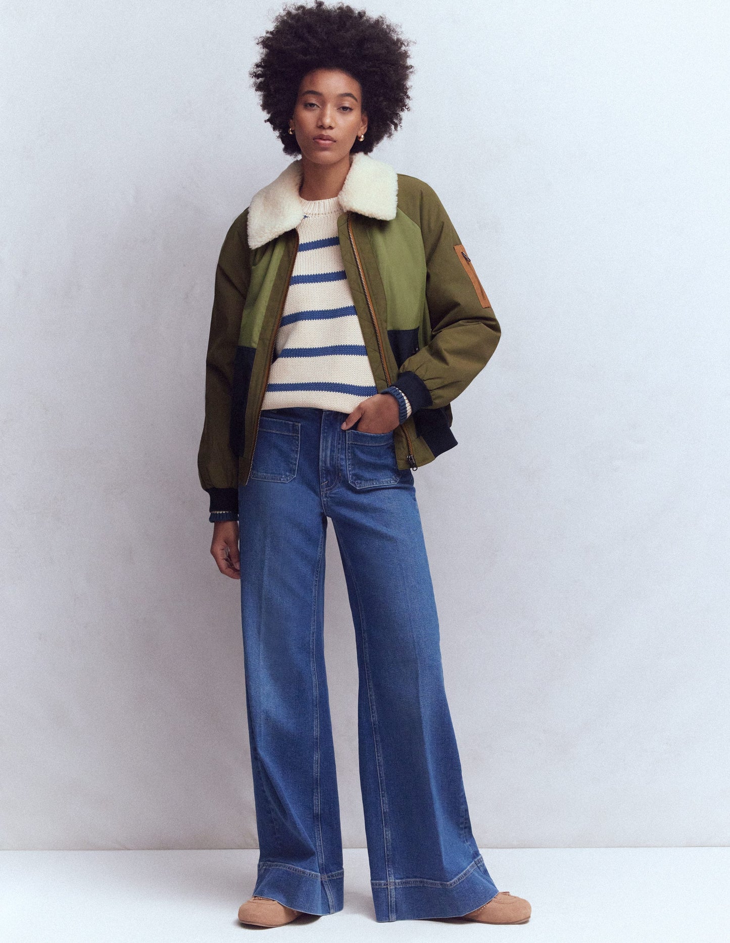 Veste bomber à détails en borg-Vert des bois