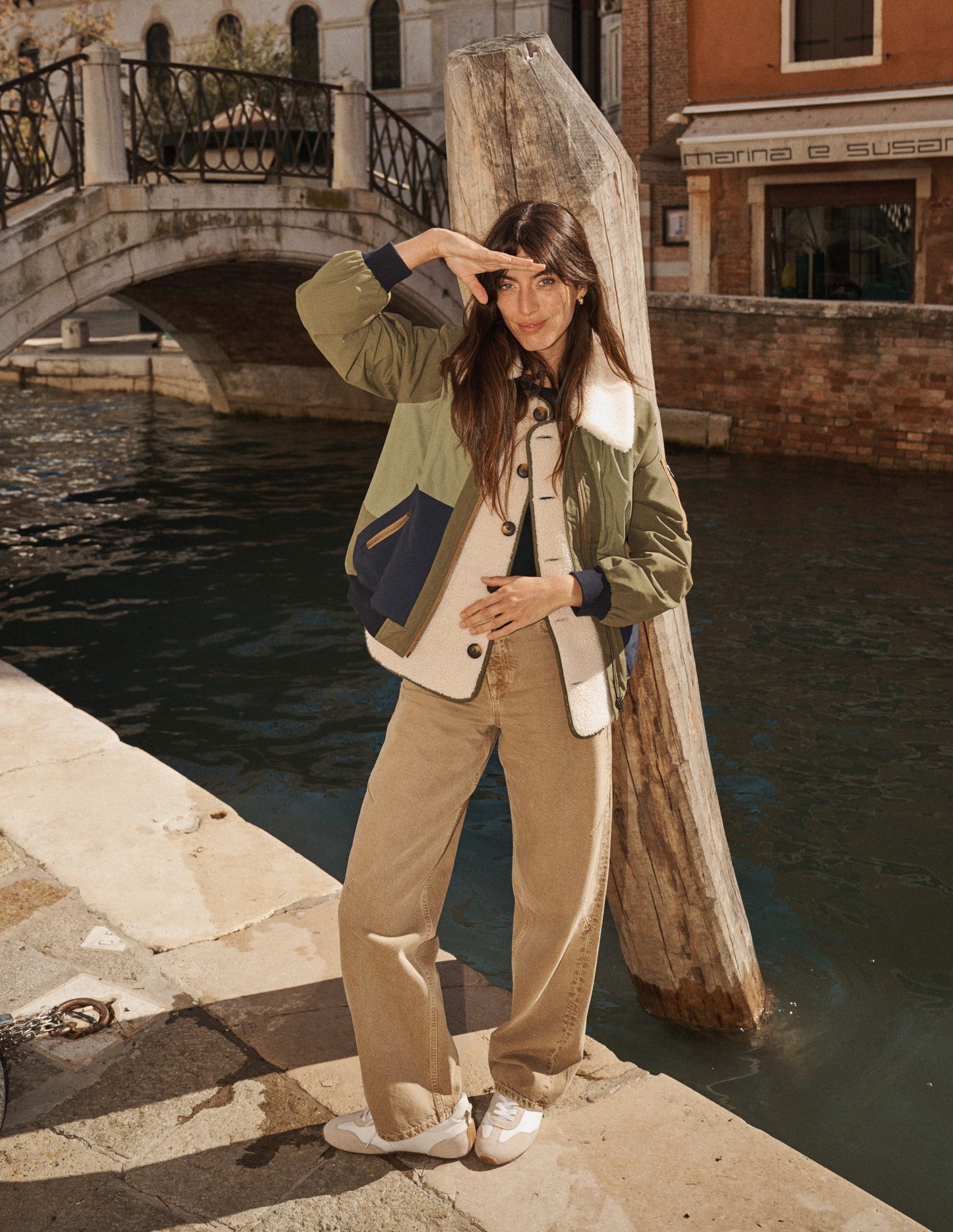 Veste bomber à détails en borg-Vert des bois