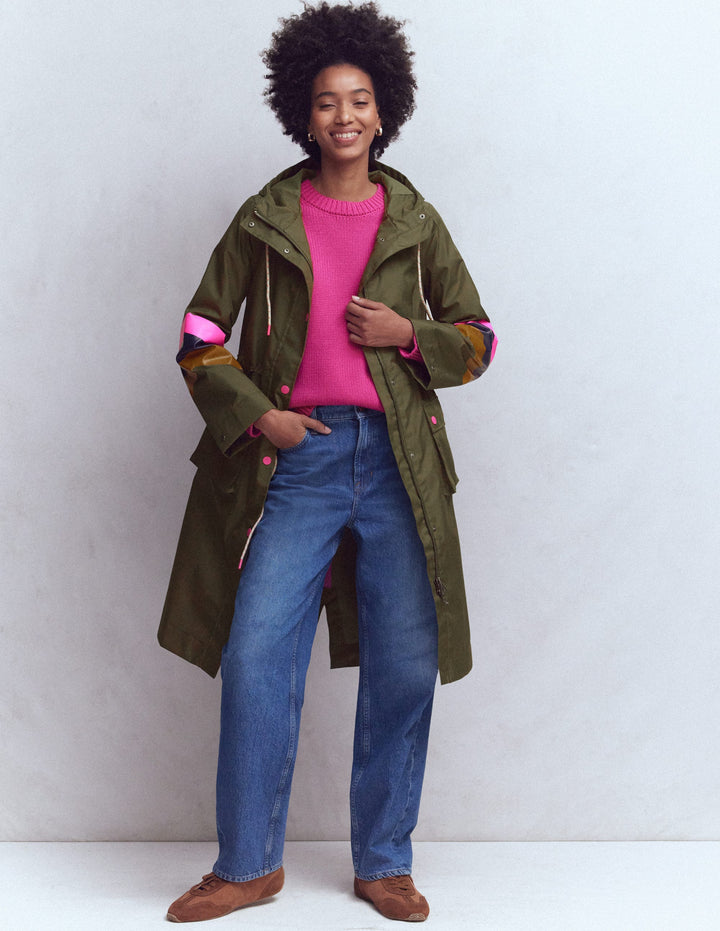 Gestreifter, langer Regenmantel-Waldgrün, Gestreift