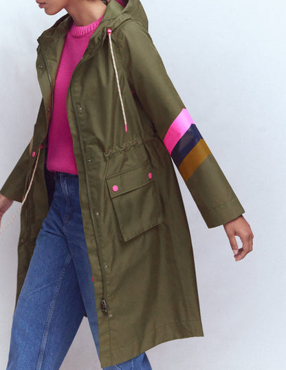 Gestreifter, langer Regenmantel-Waldgrün, Gestreift-6