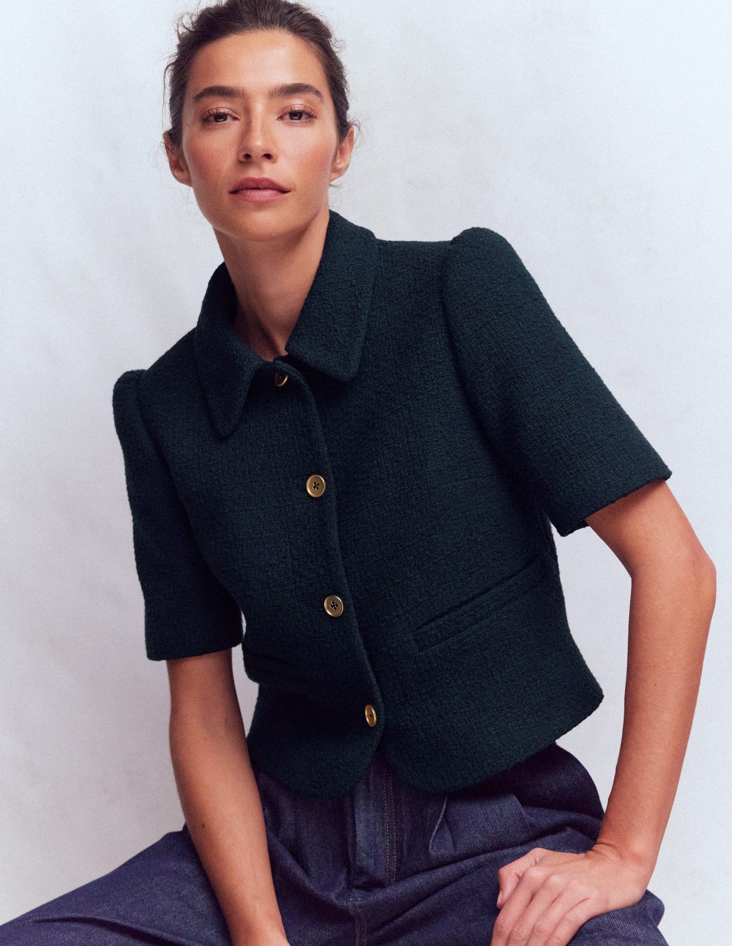 Kurzärmlige, texturierte Jacke-Marineblau