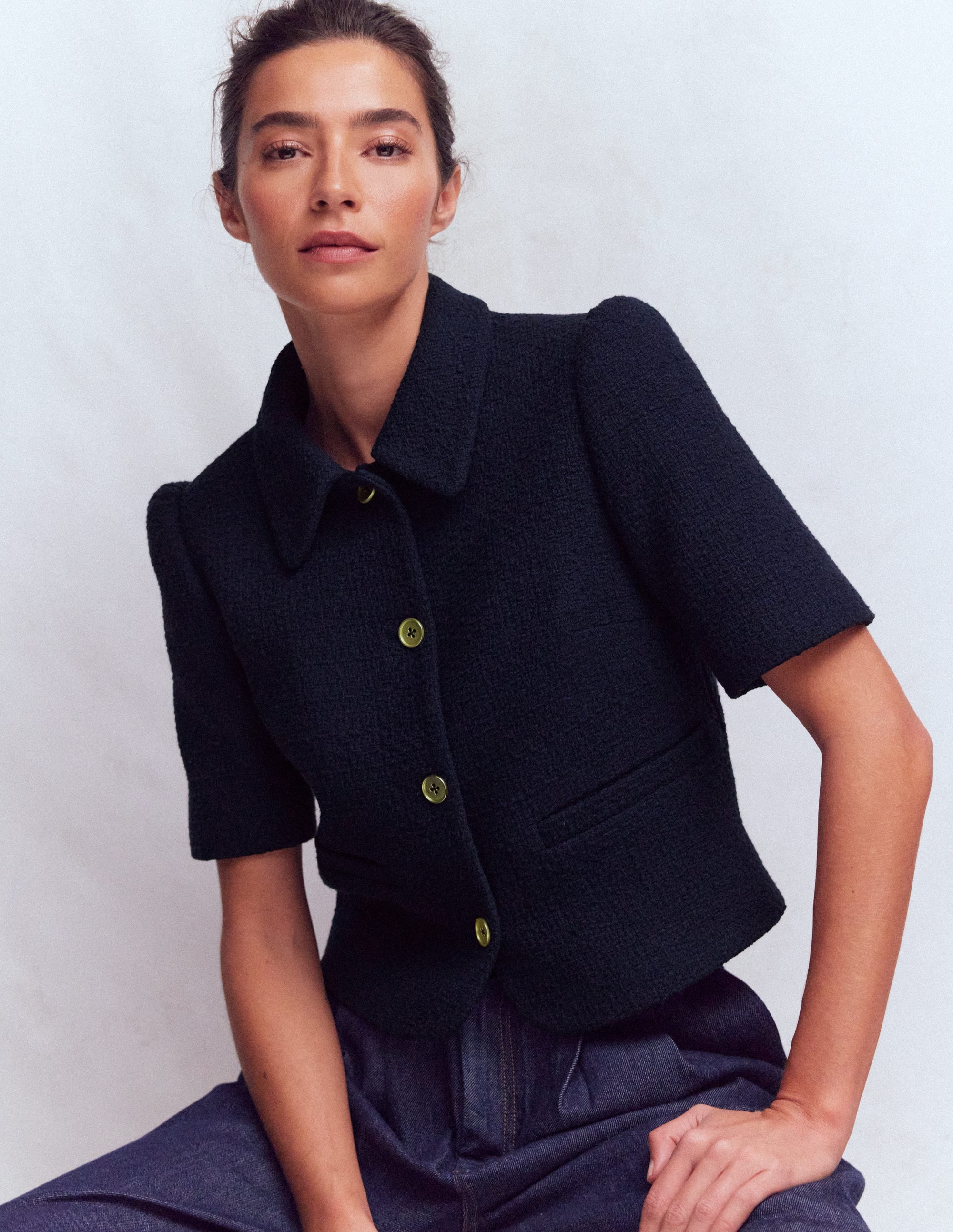 Kurzärmlige, texturierte Jacke-Marineblau - Image 1