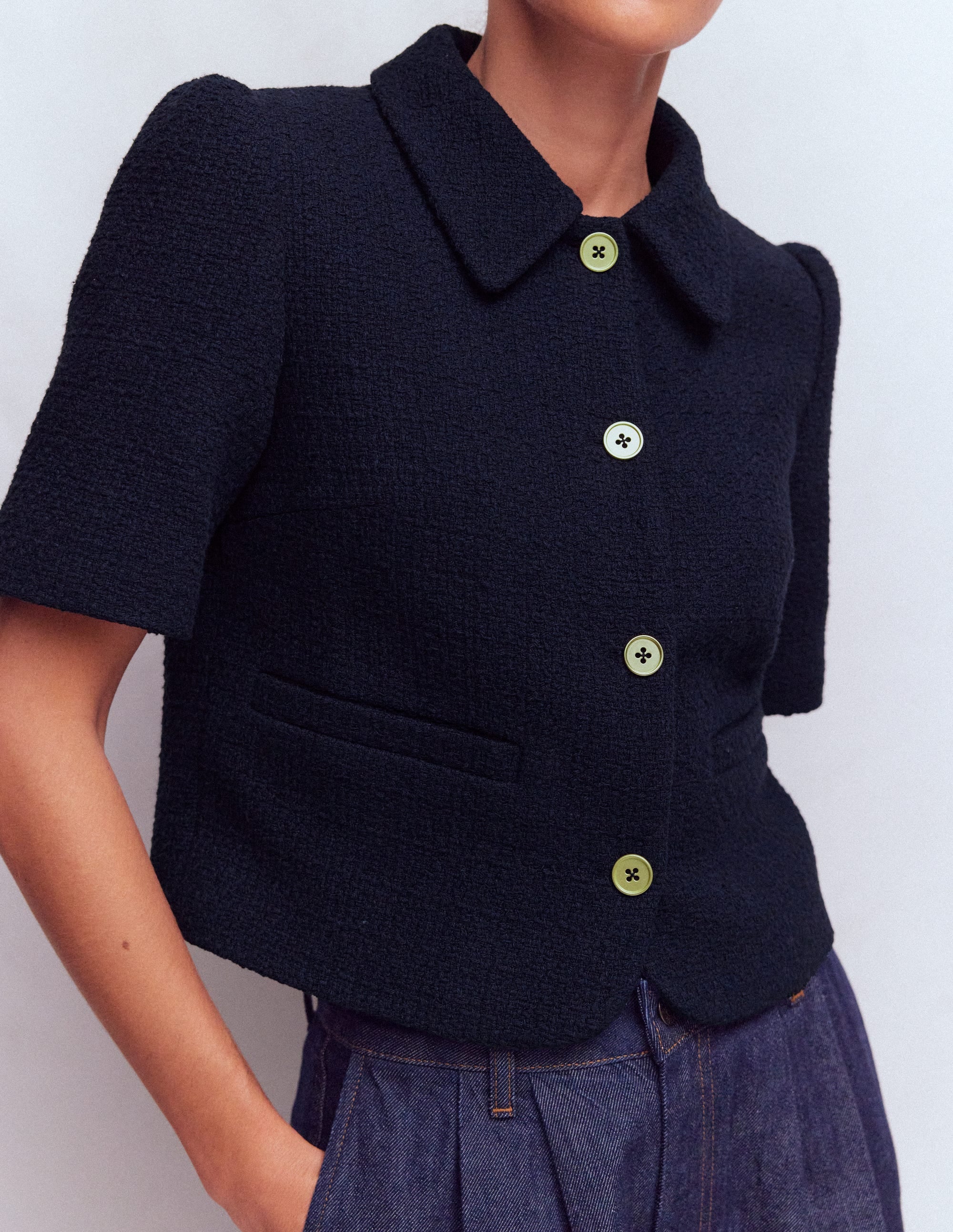 Kurzärmlige, texturierte Jacke-Marineblau - Image 2