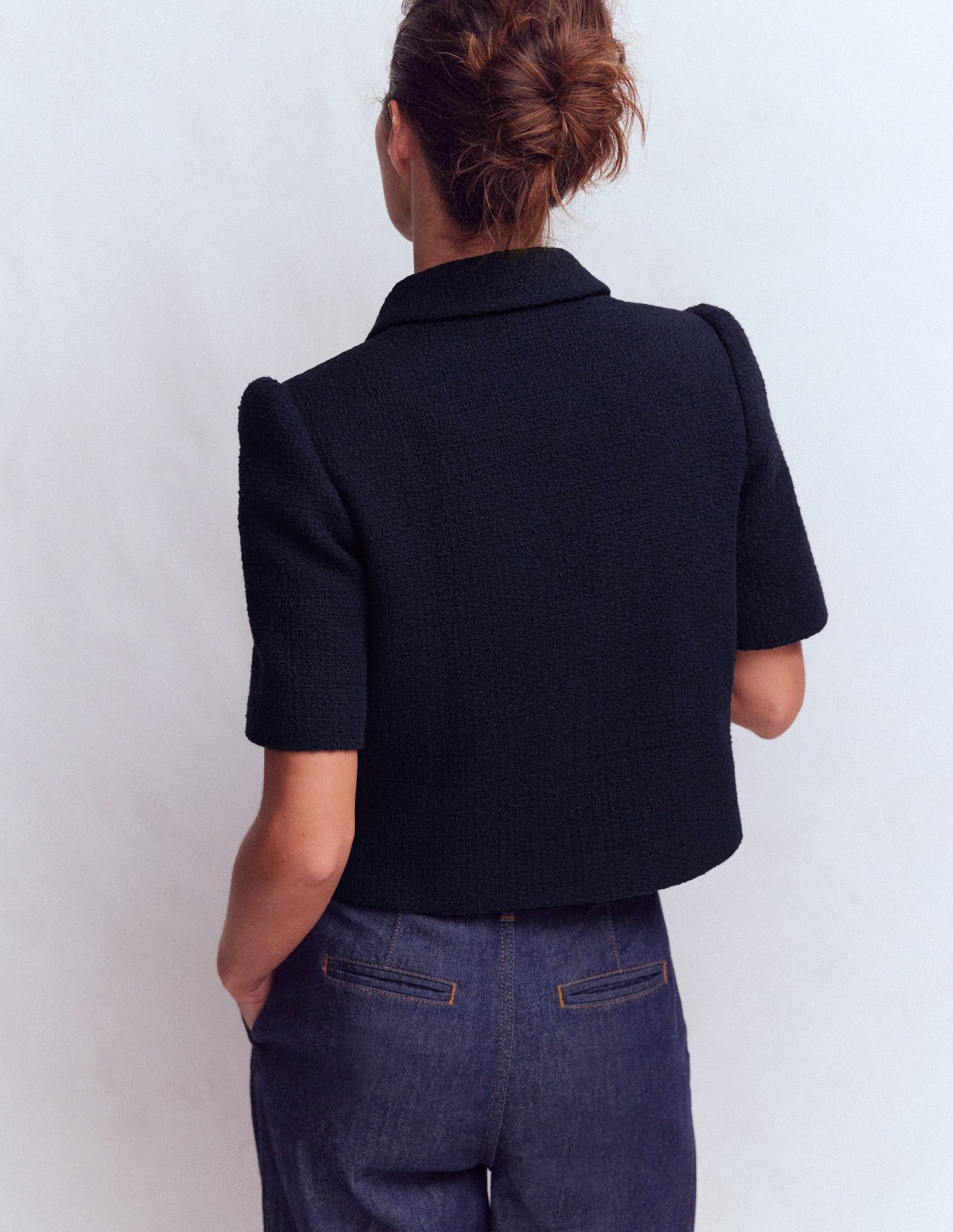 Kurzärmlige, texturierte Jacke-Marineblau - Image 3