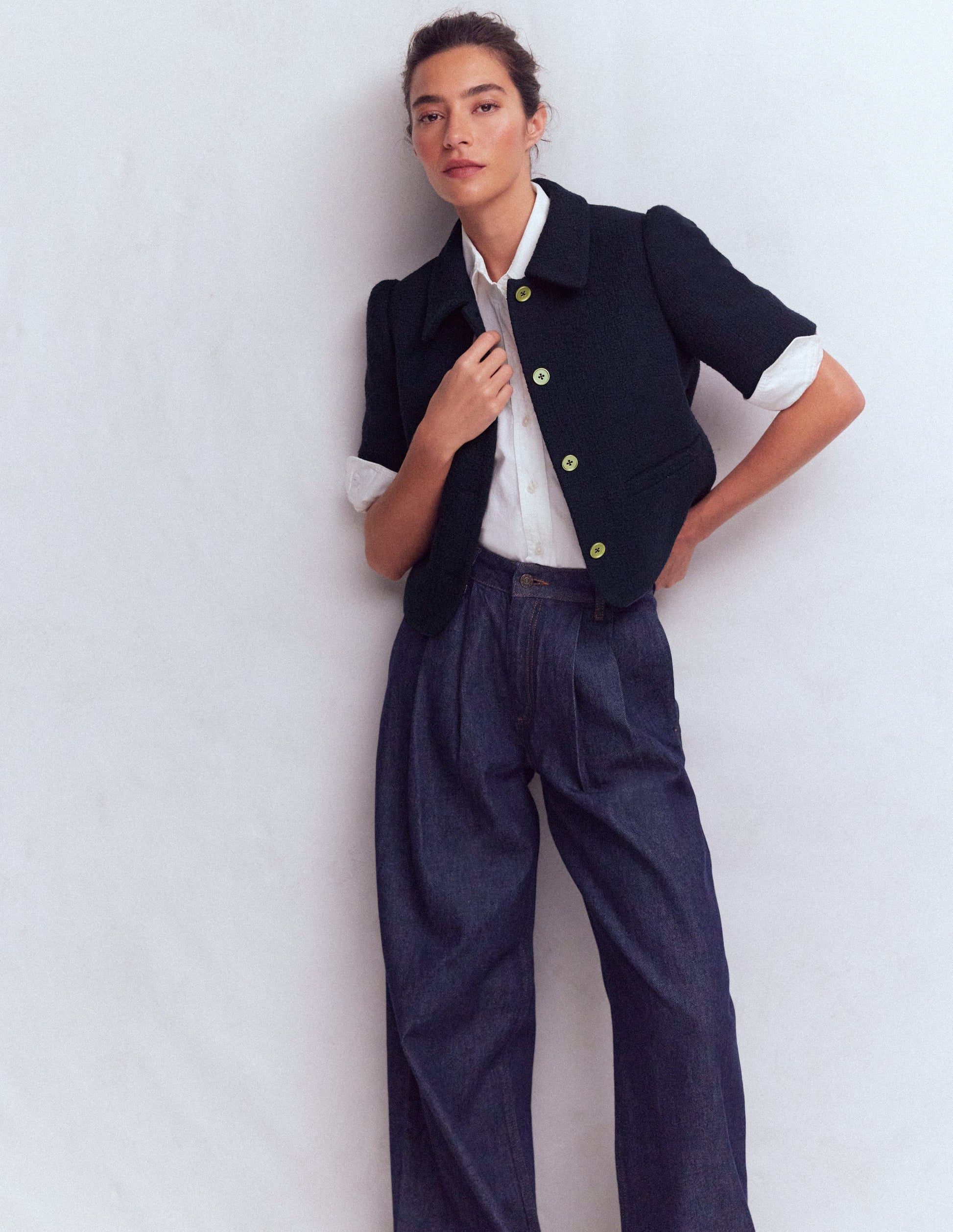 Kurzärmlige, texturierte Jacke-Marineblau-4