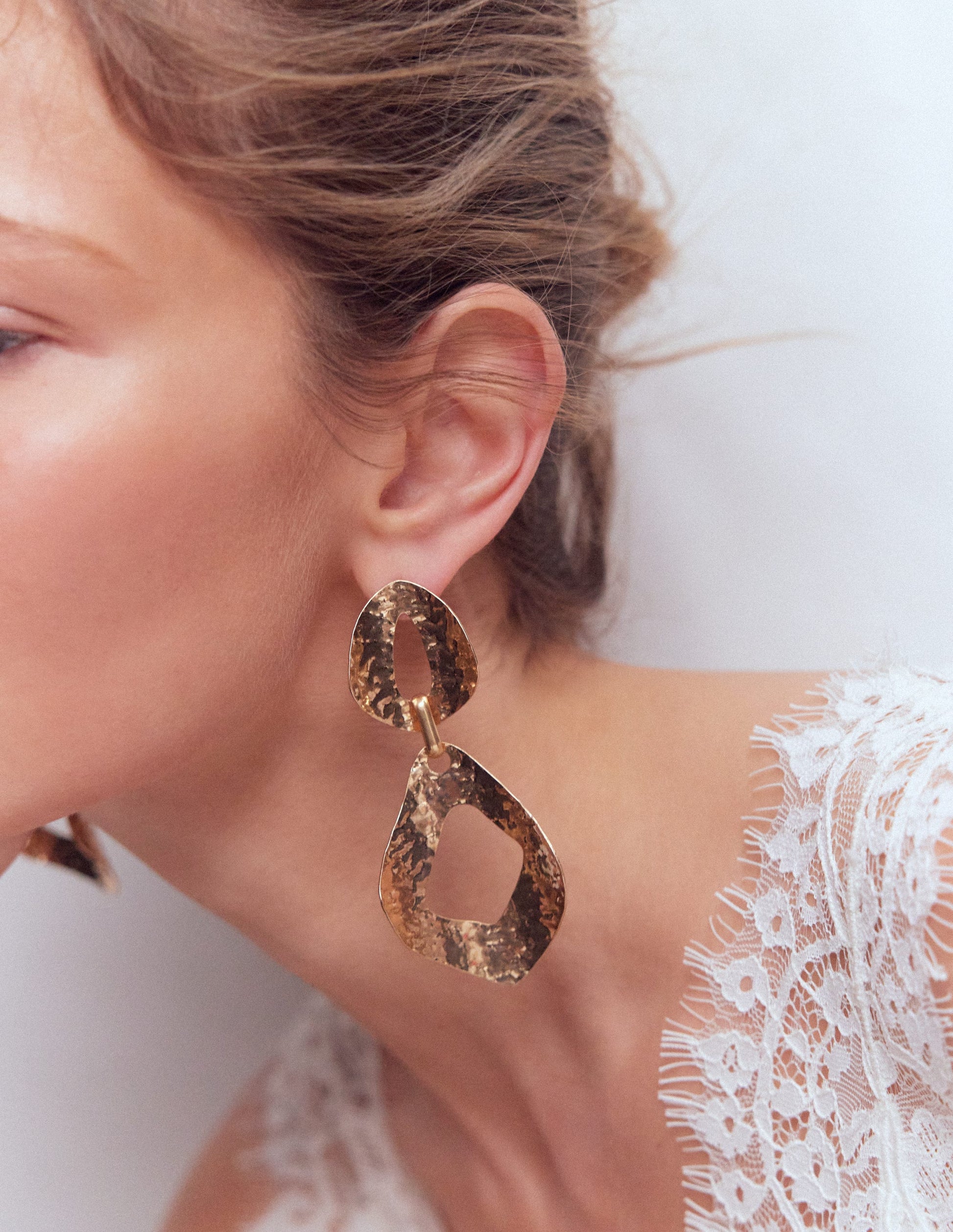 Hammered Double Earrings-Gold Colour-3