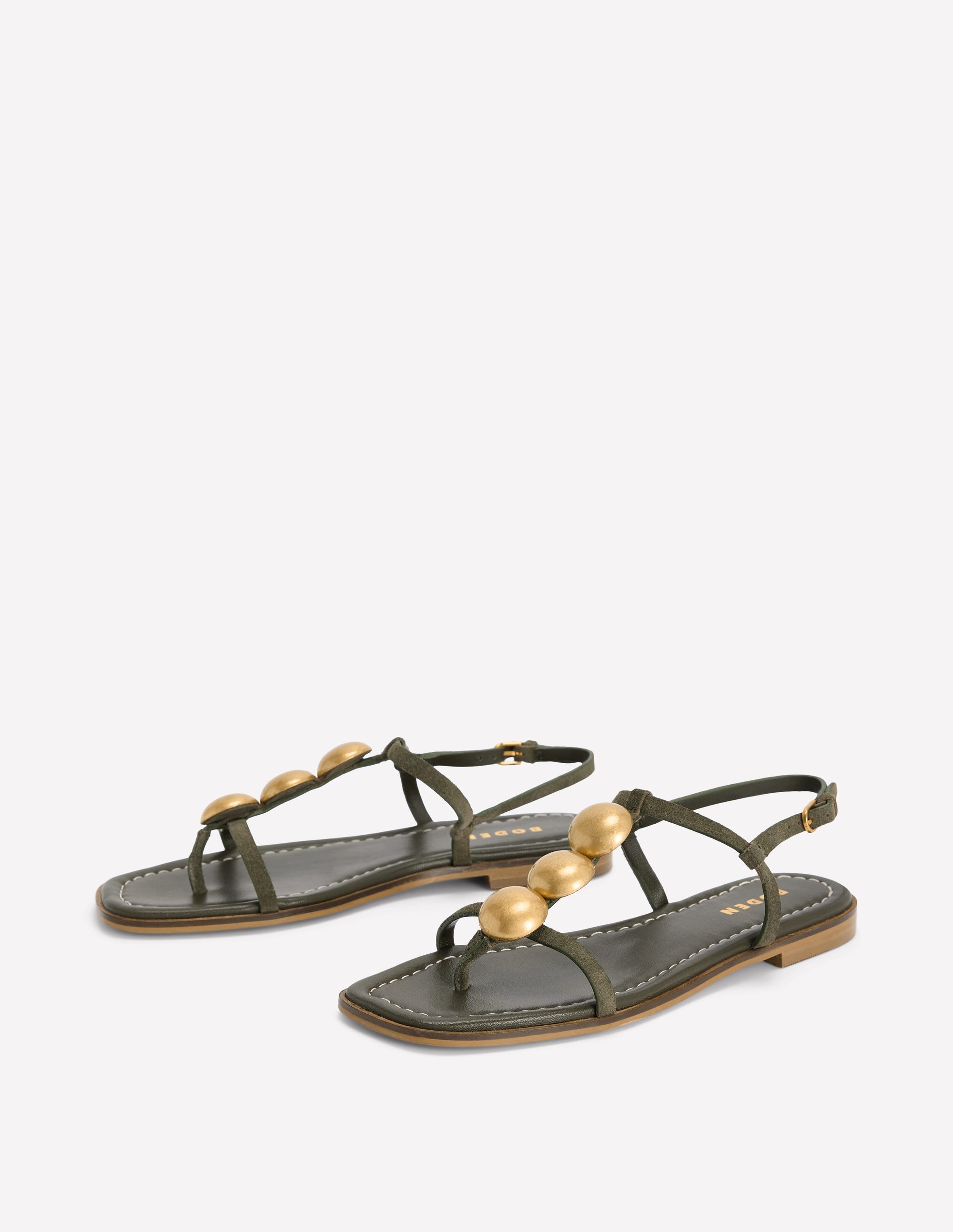 Flache Sandalen mit Scheibendetails-Dunkles Olivgrün - Image 3