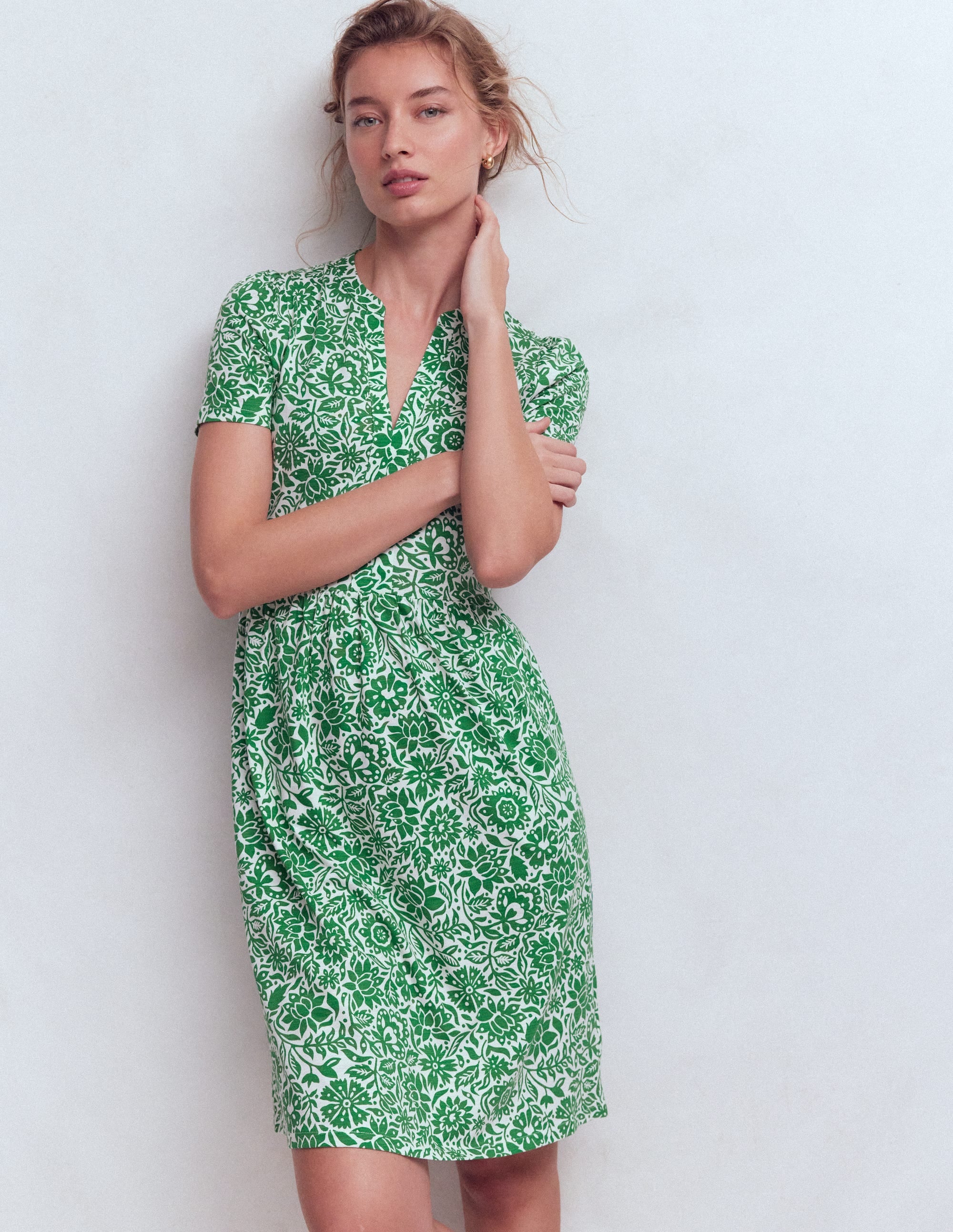 Naomi Kurzärmliges Kleid-Frisches Grün, Großflächiges Wiesenmuster - Image 5