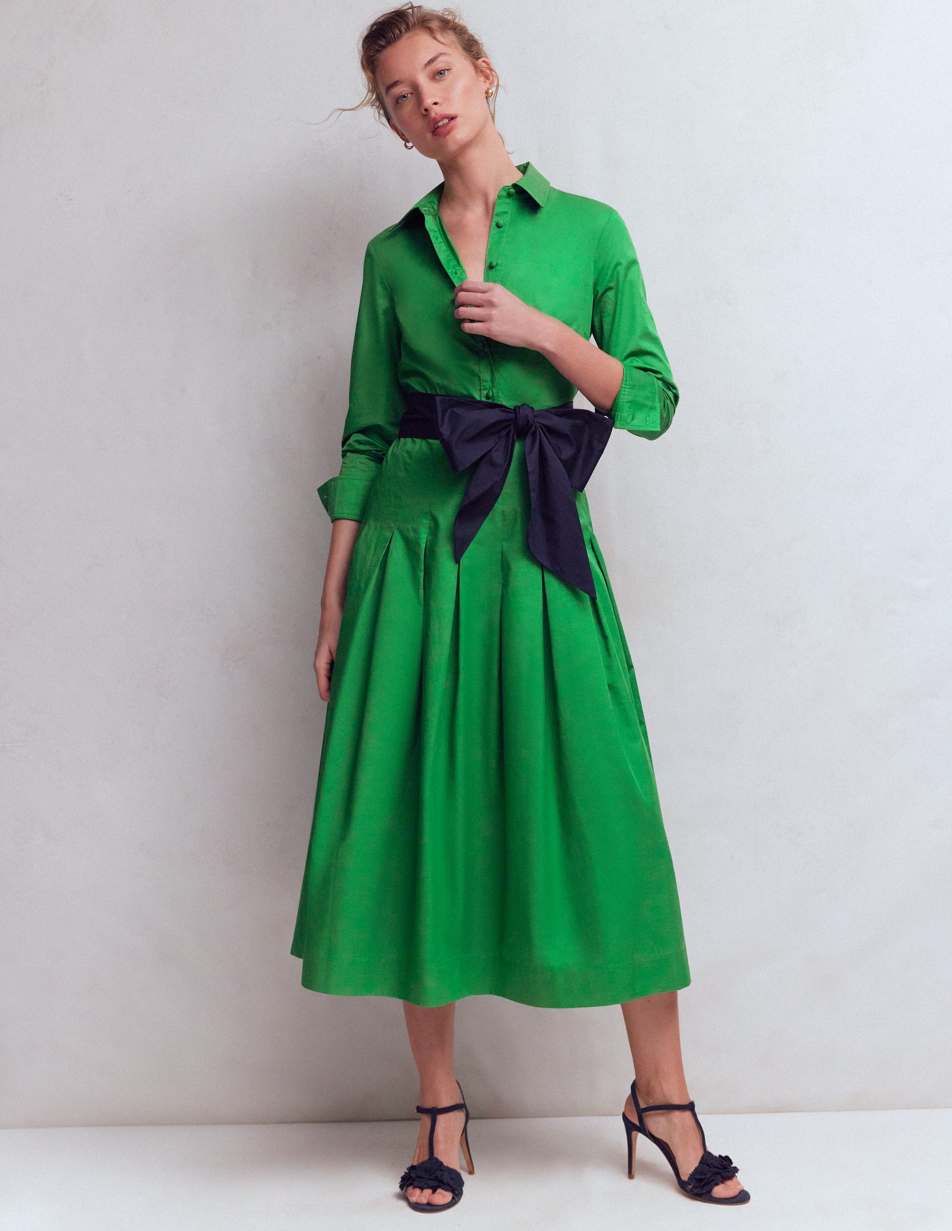 Maxi Pleated Bow Dress-Green Navy-1