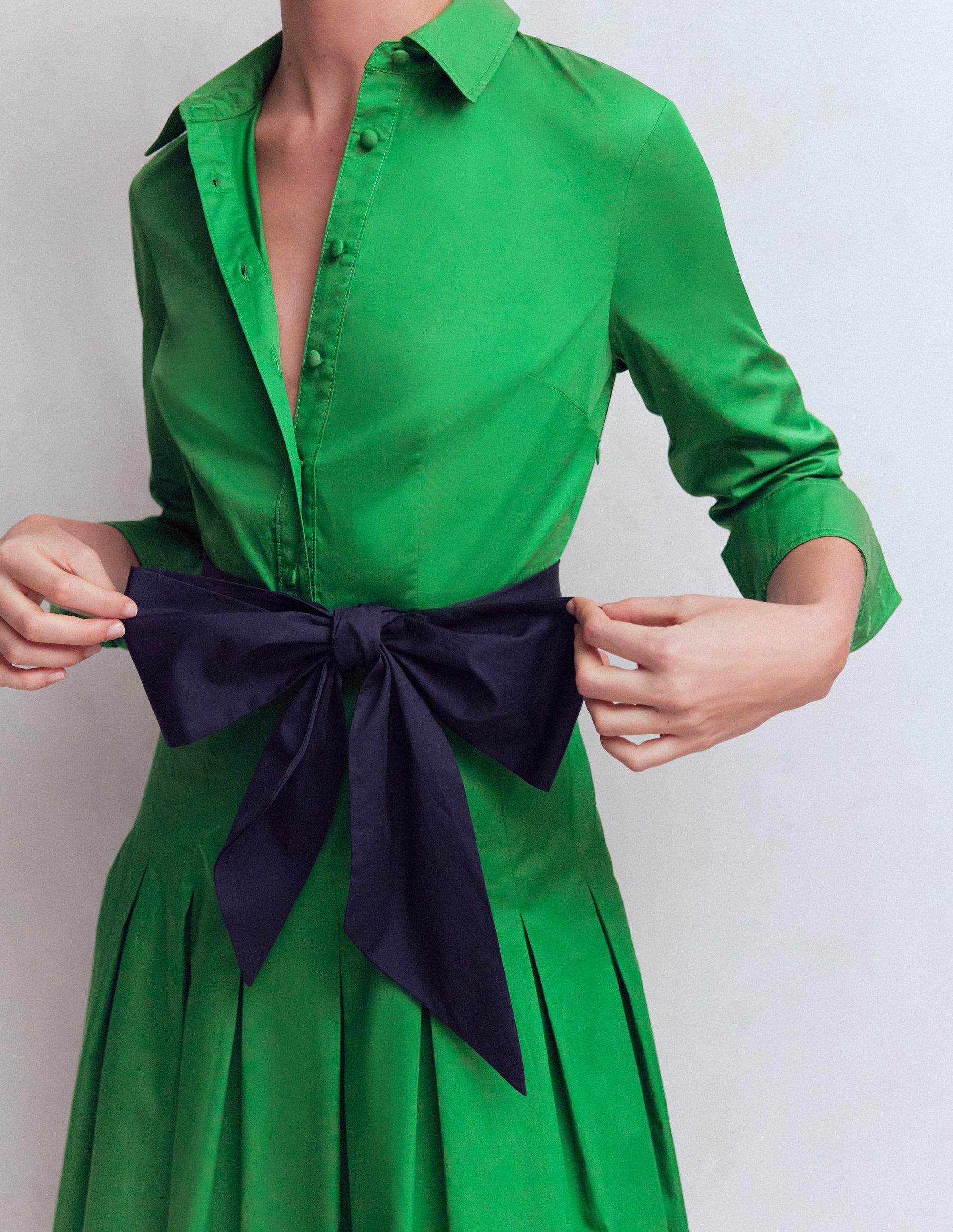 Maxi Pleated Bow Dress-Green Navy-2