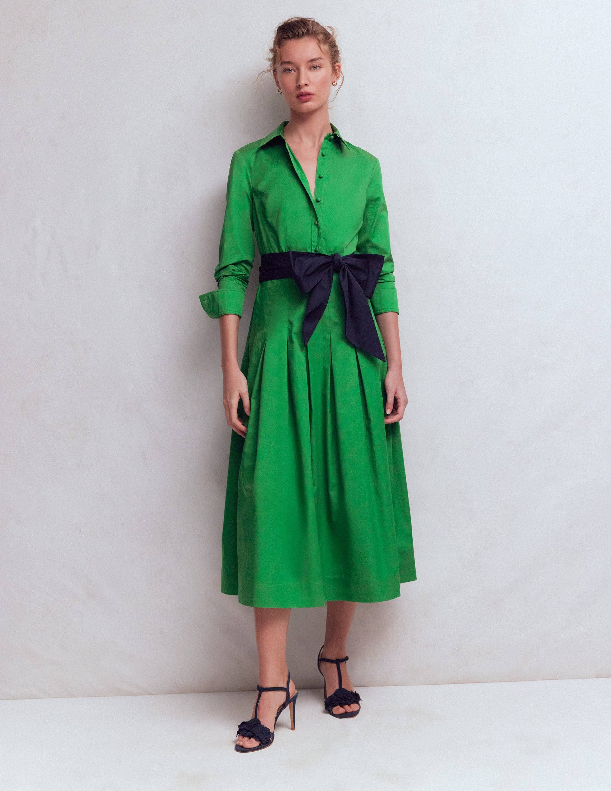 Maxi Pleated Bow Dress-Green Navy-4