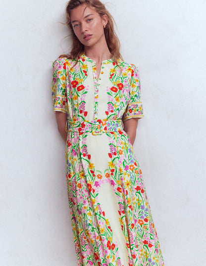 Robe Kate à ceinture et manches bouffantes-Motif Garden ivoire placé-1