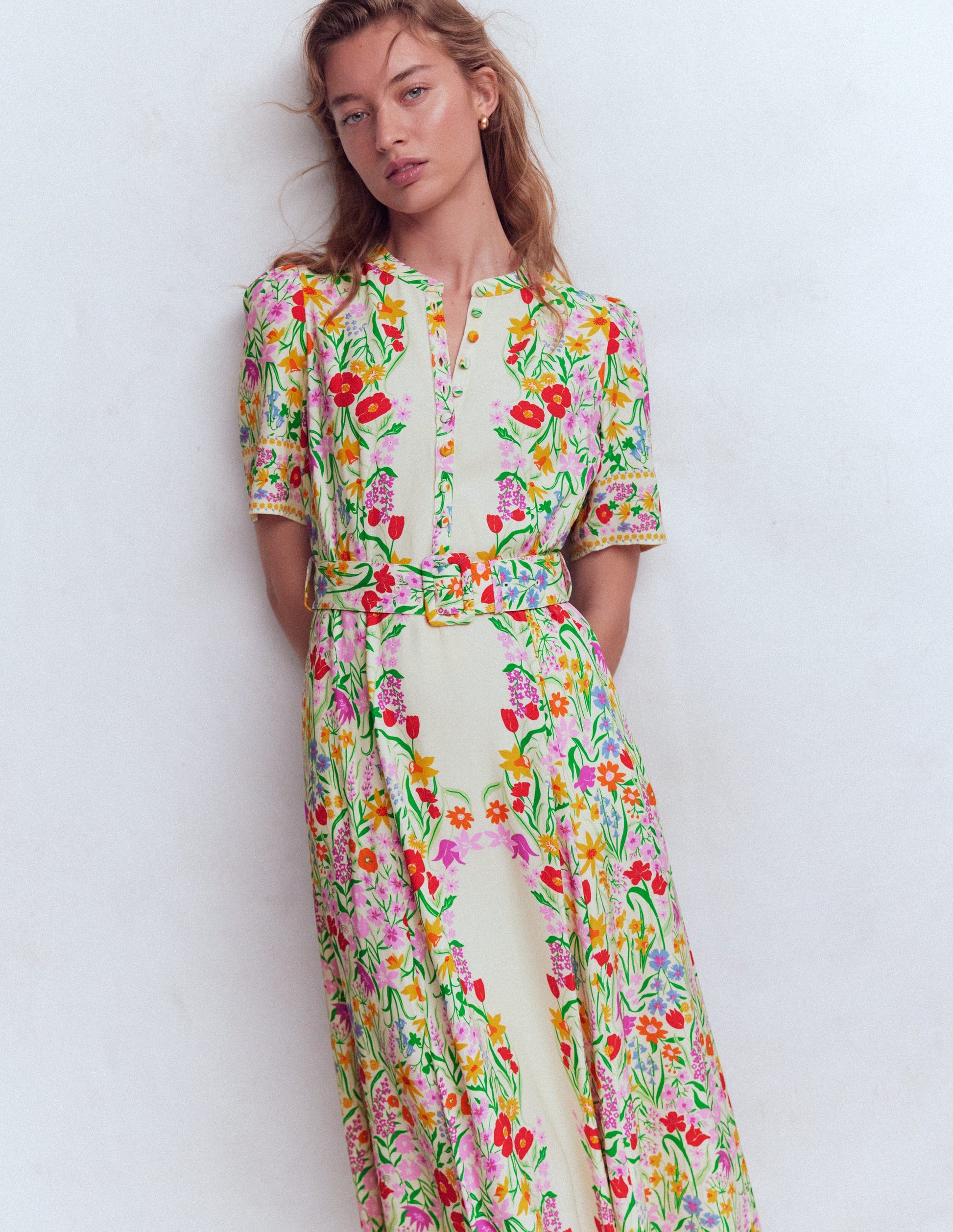 Kate Puff Sleeve Belted Dress-Ivory, Elegant Garden-1