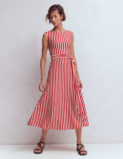 Robe midi Tamsin en jersey-Rouge Merida, rayé ivoire-1