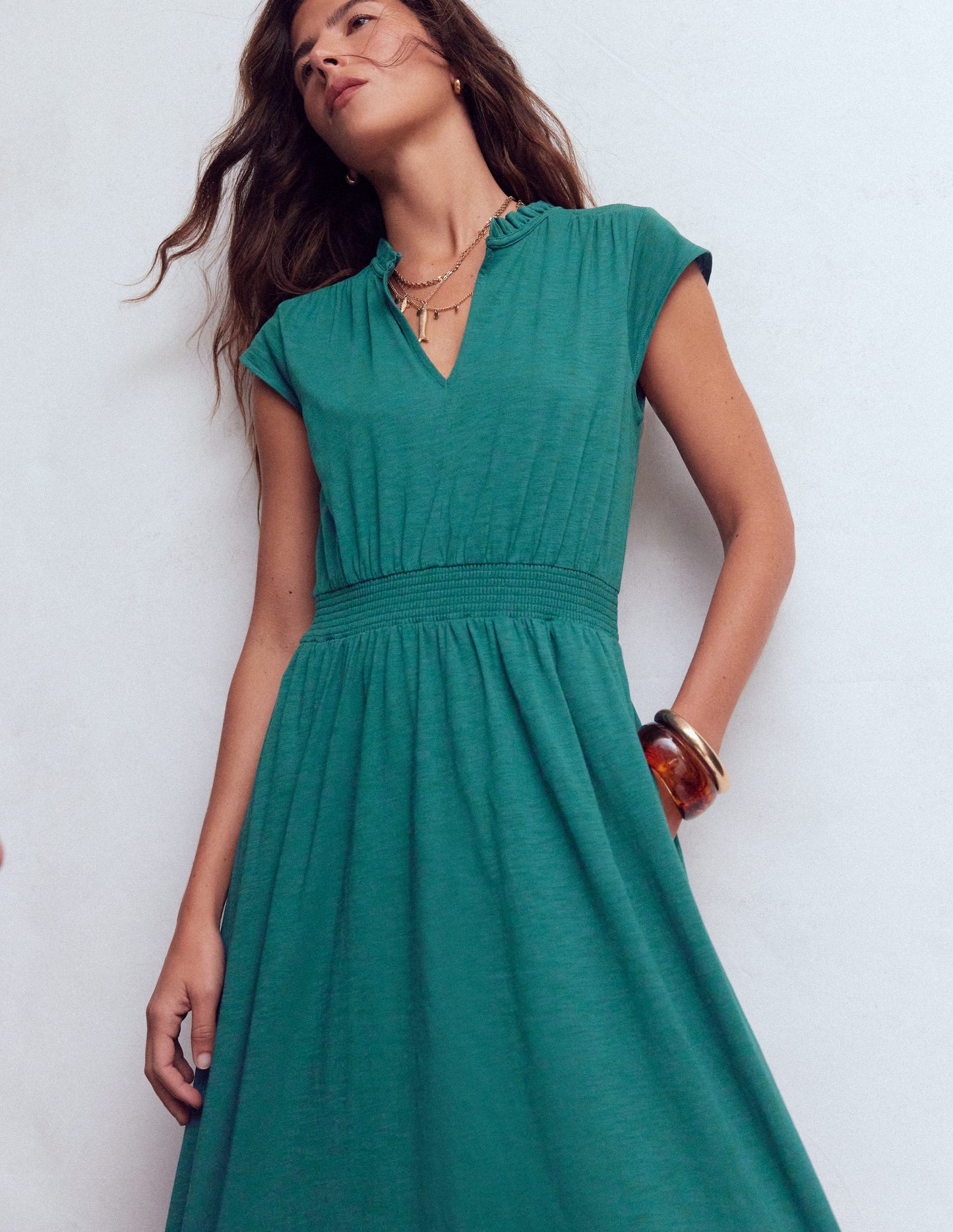 Alba Smocked Jersey Midi Dress-Drake Green