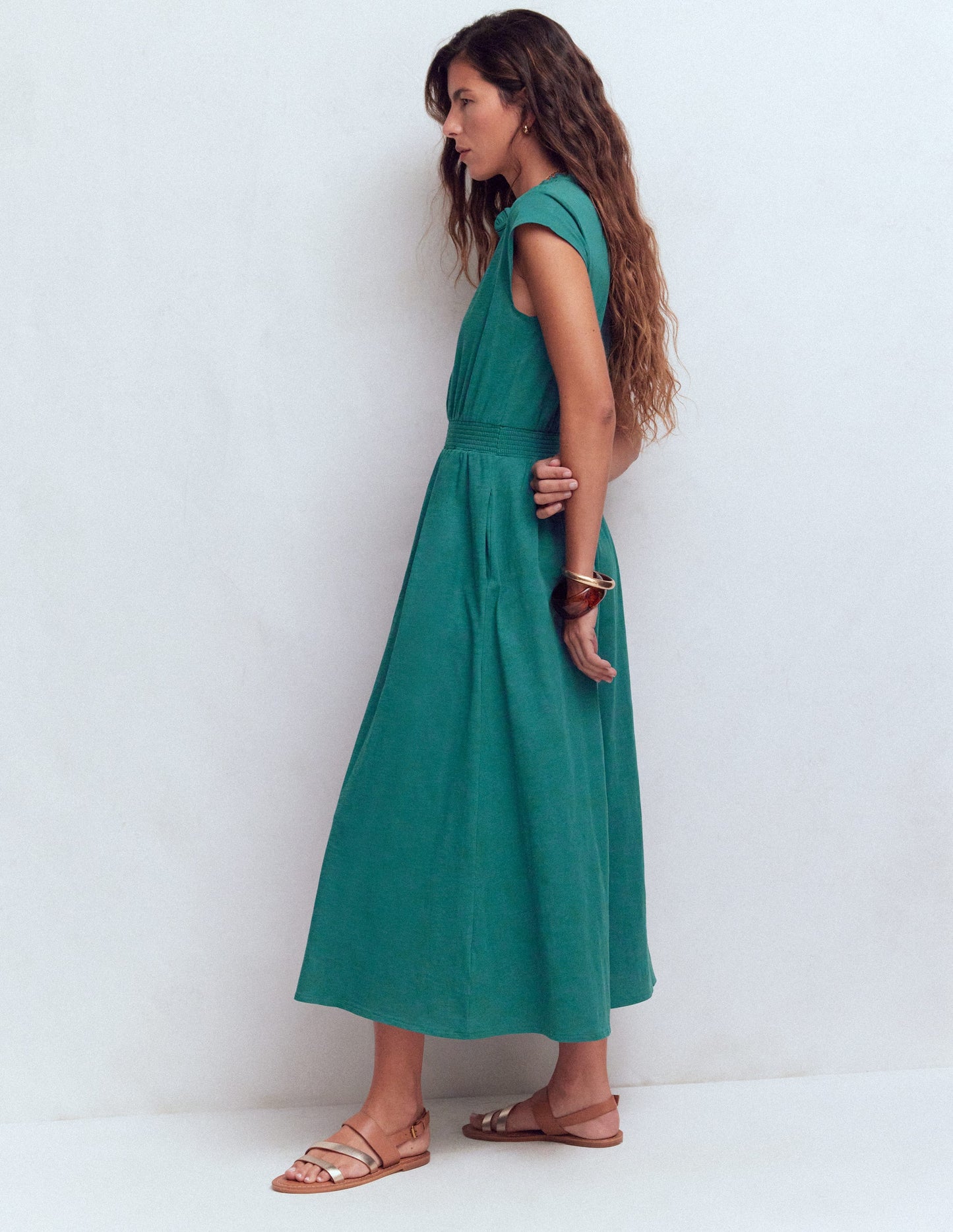 Alba Smocked Jersey Midi Dress-Drake Green