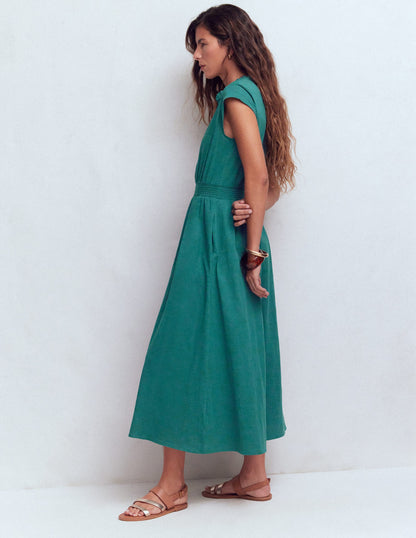 Alba Smocked Jersey Midi Dress-Drake Green-4