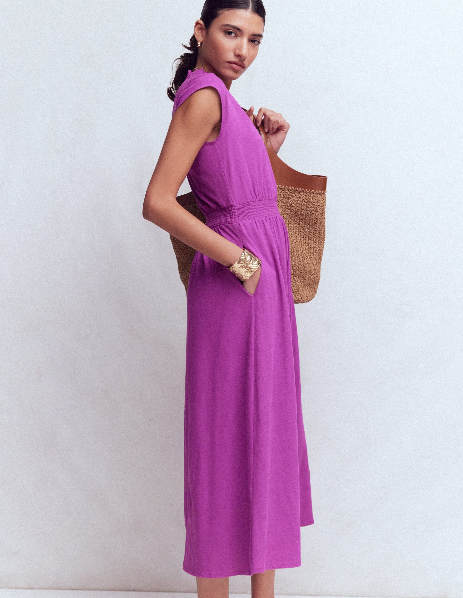 Alba Gesmoktes Jersey-Midikleid-Zwetschge-1