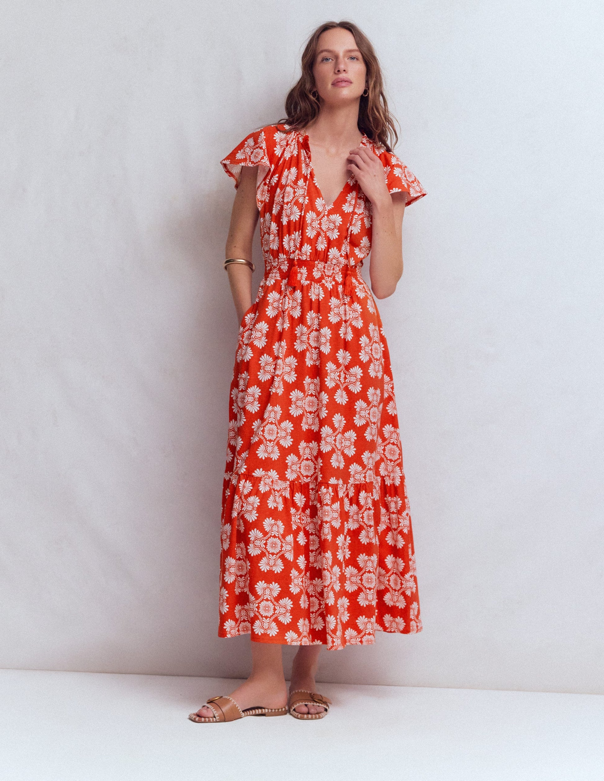 Robe longue Tala en jersey à volants-Orange sanguine, motif Botanical Charm-1