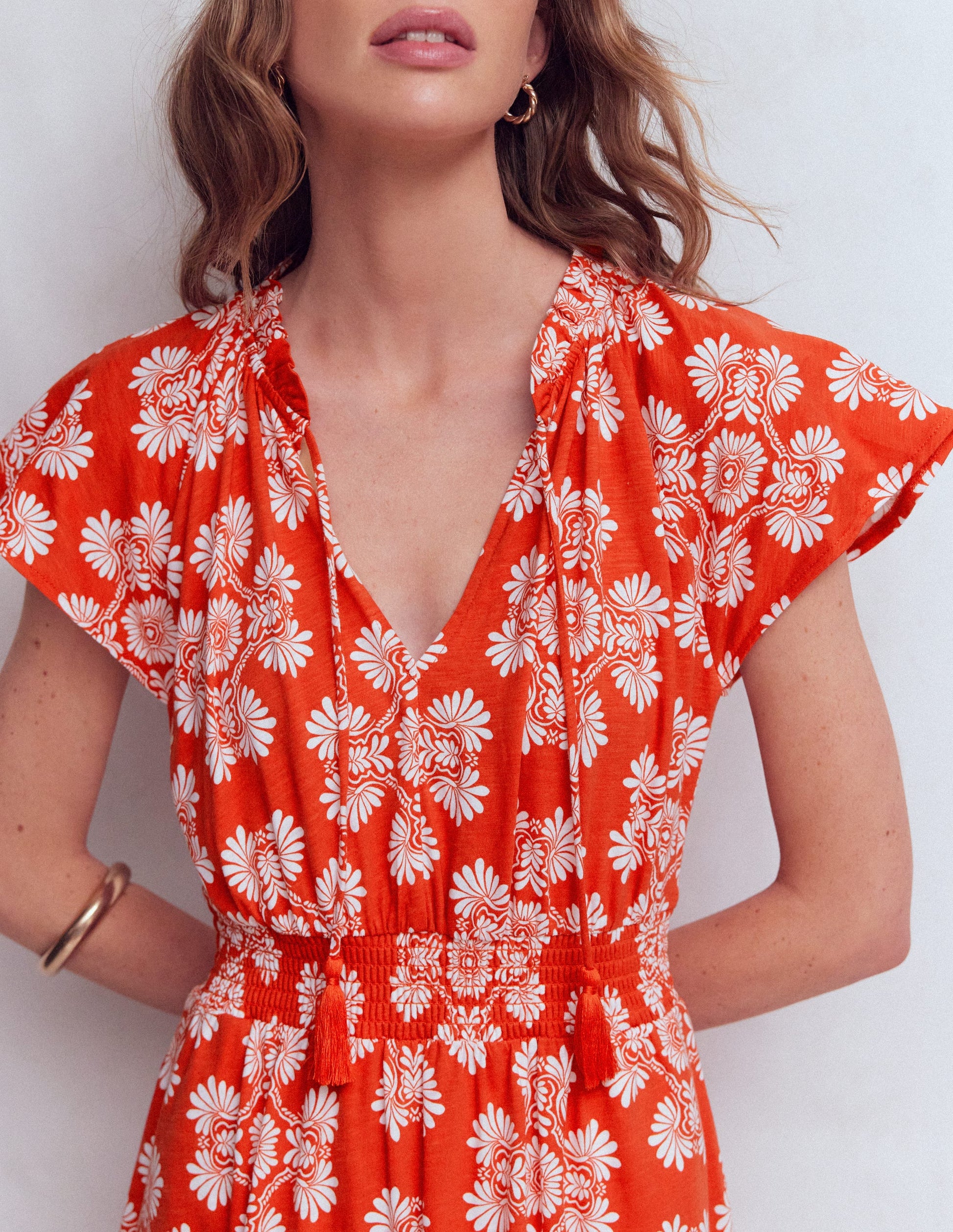 Robe longue Tala en jersey à volants-Orange sanguine, motif Botanical Charm-2