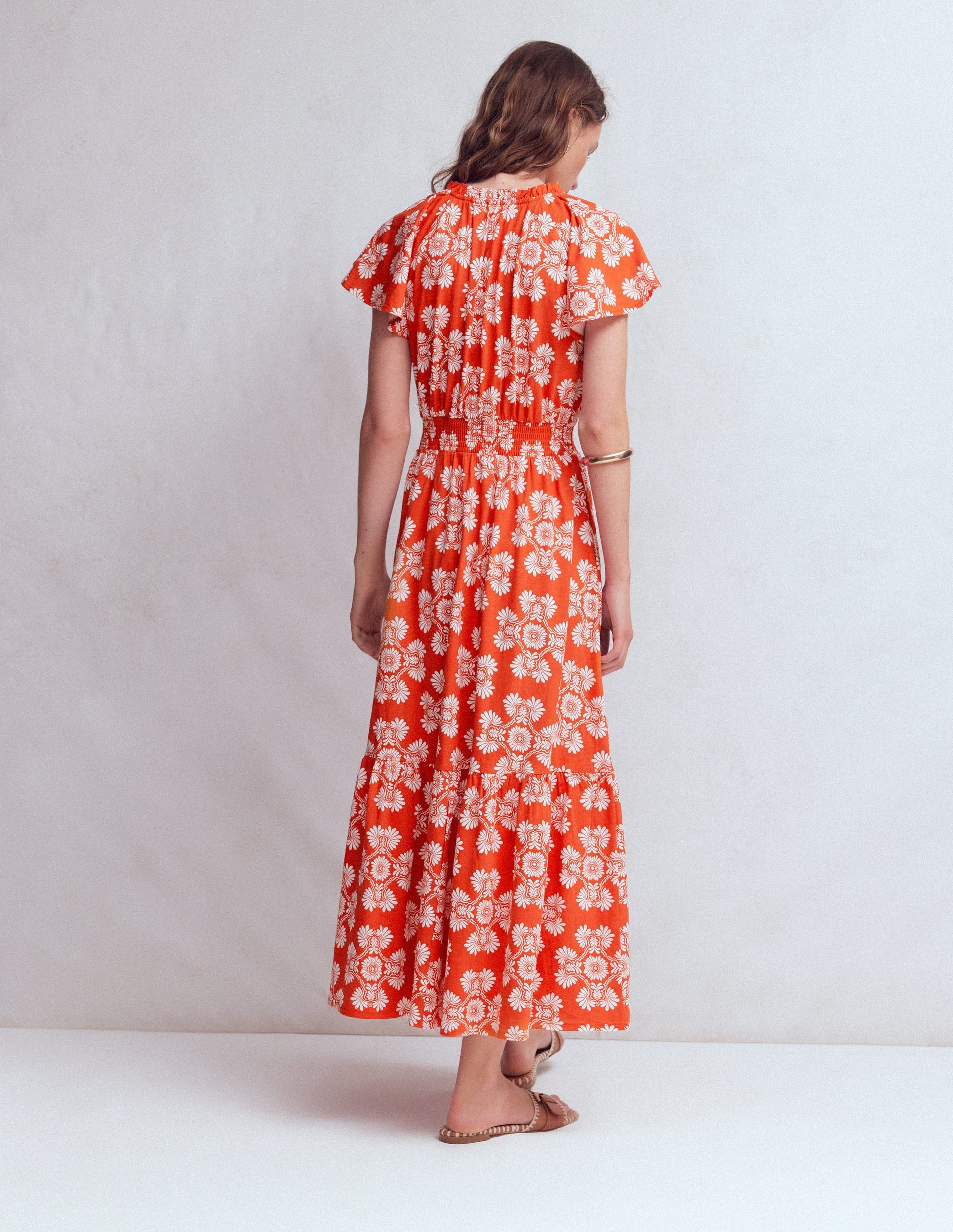 Robe longue Tala en jersey à volants-Orange sanguine, motif Botanical Charm-3