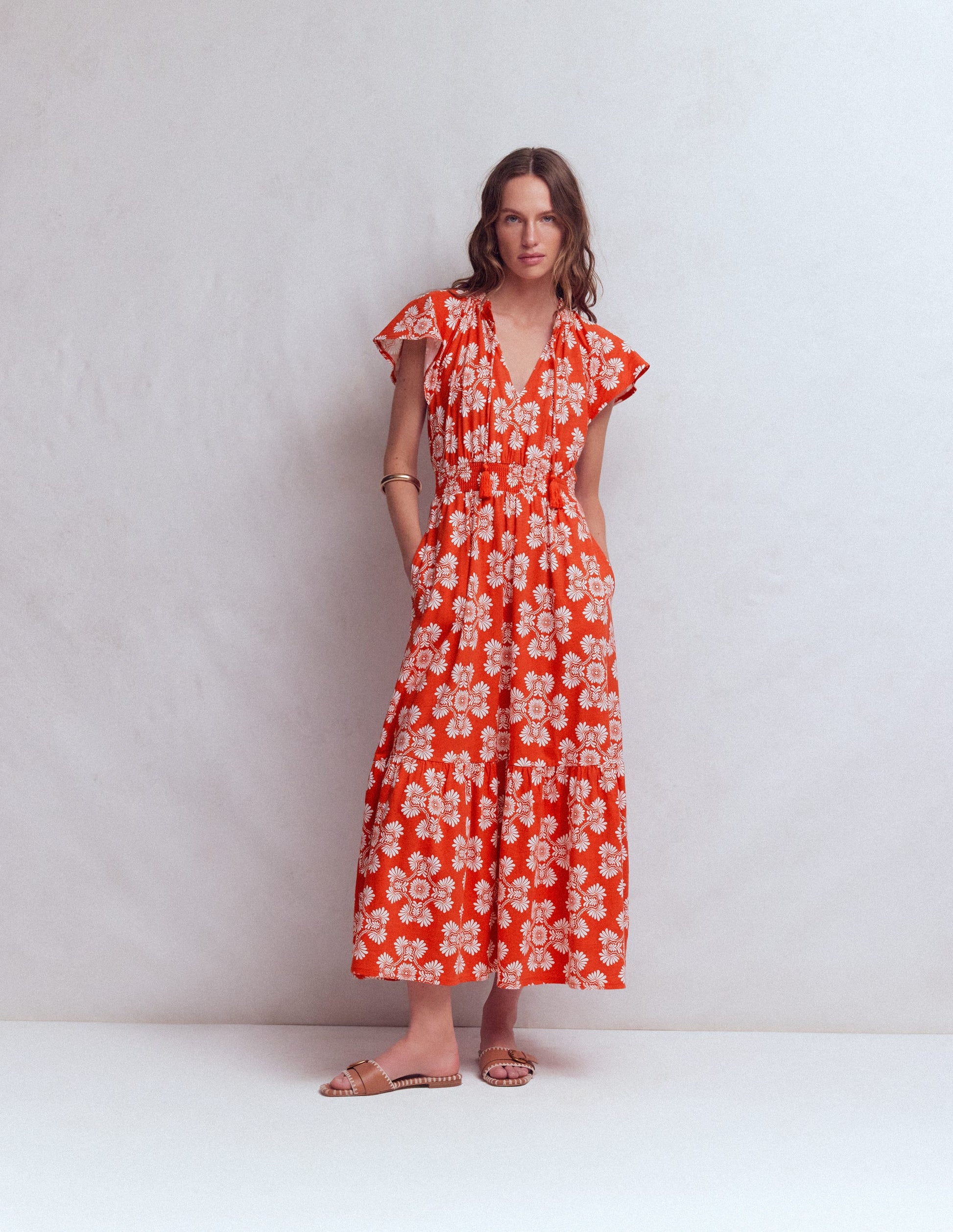 Robe longue Tala en jersey à volants-Orange sanguine, motif Botanical Charm-4