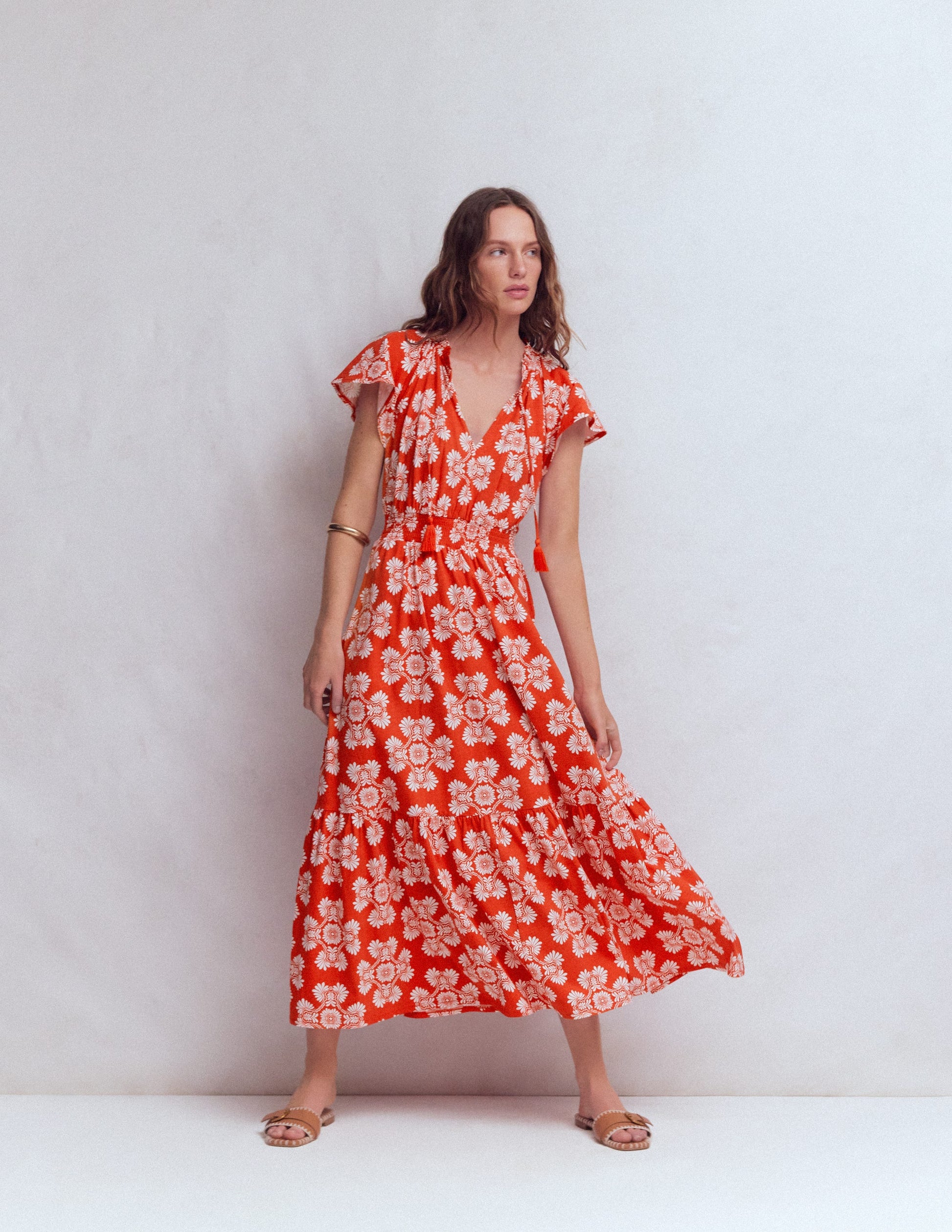 Robe longue Tala en jersey à volants-Orange sanguine, motif Botanical Charm-6